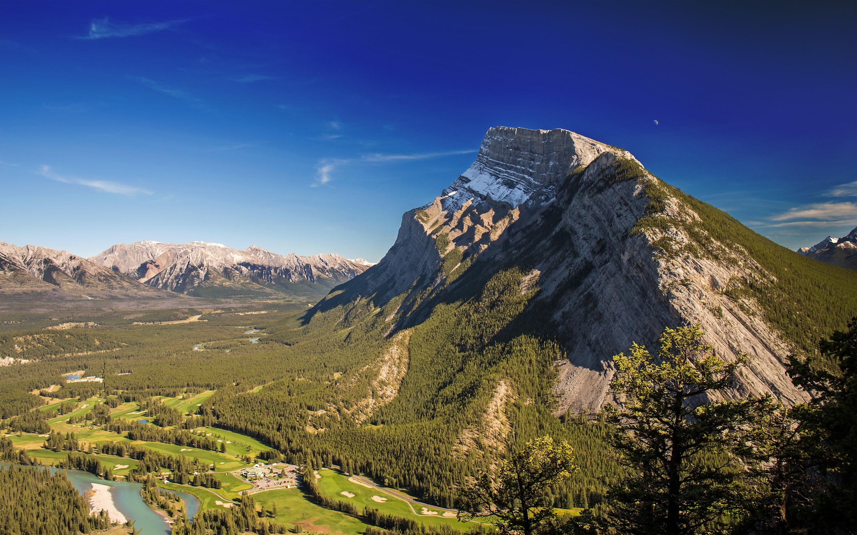 snowcapped mountain, Moon, forest, mountains, green, blue, valley, mountain, golf course, tranquility, 2K, nature, sky, rock, tranquil scene, landscape, HD Wallpaper