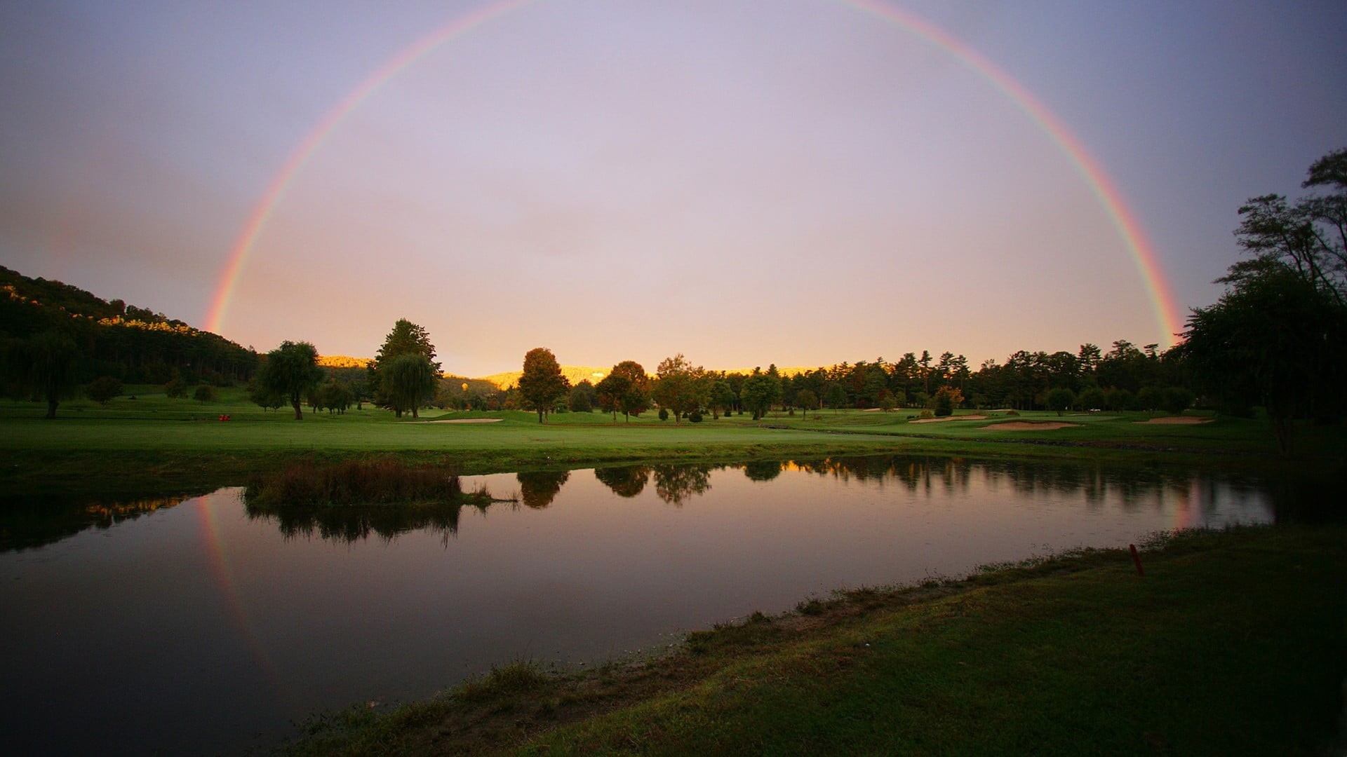 reflection, plant, multi colored, tree, 1080P, tranquil scene, pond, idyllic, rainbows, nature, sky, landscape, no people, lake, non-urban scene, scenics - nature, HD Wallpaper