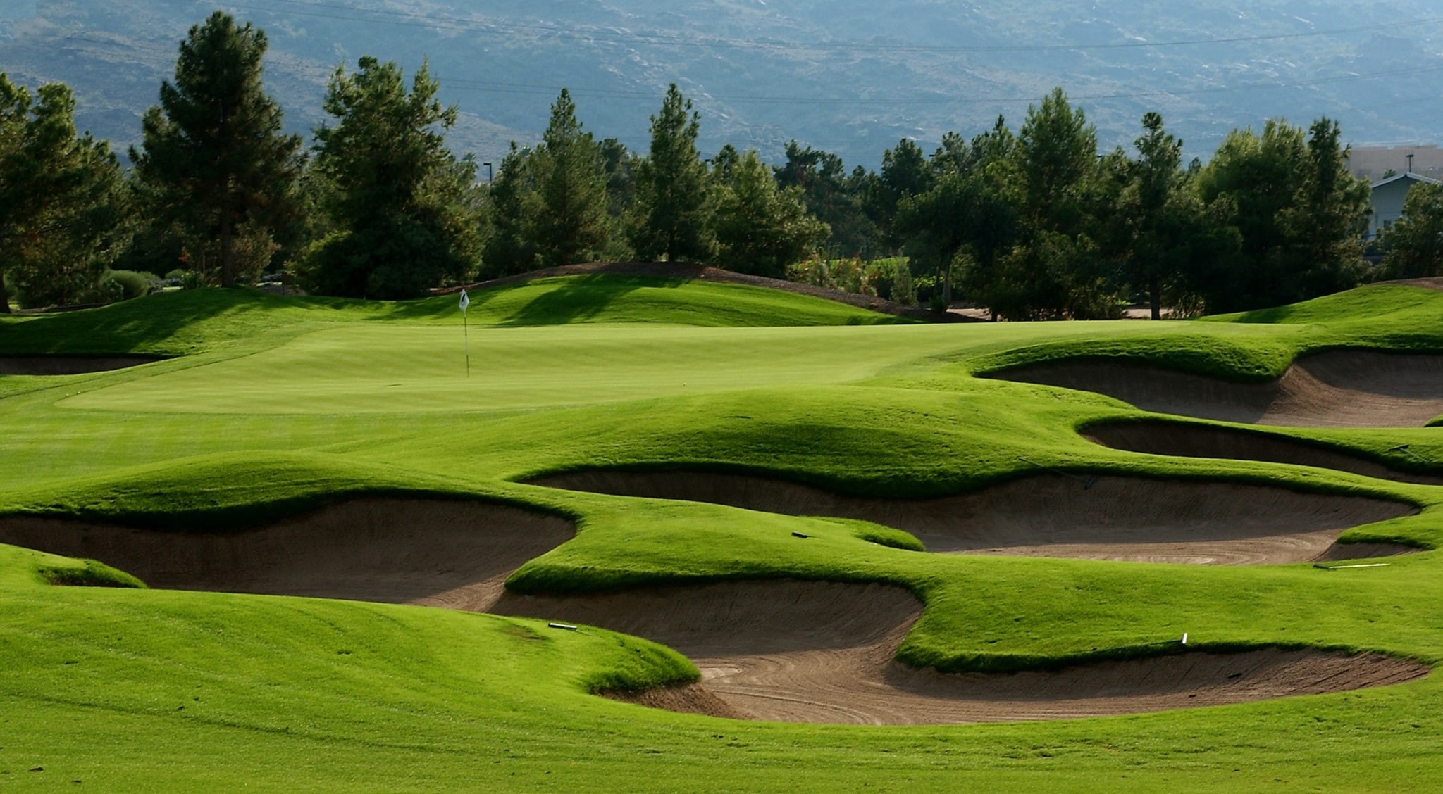 green - golf course, sand trap, no people, outdoors, 1080P, golf course, tree, sport, tranquility, tranquil scene, green color, plant, land, nature, day, HD Wallpaper