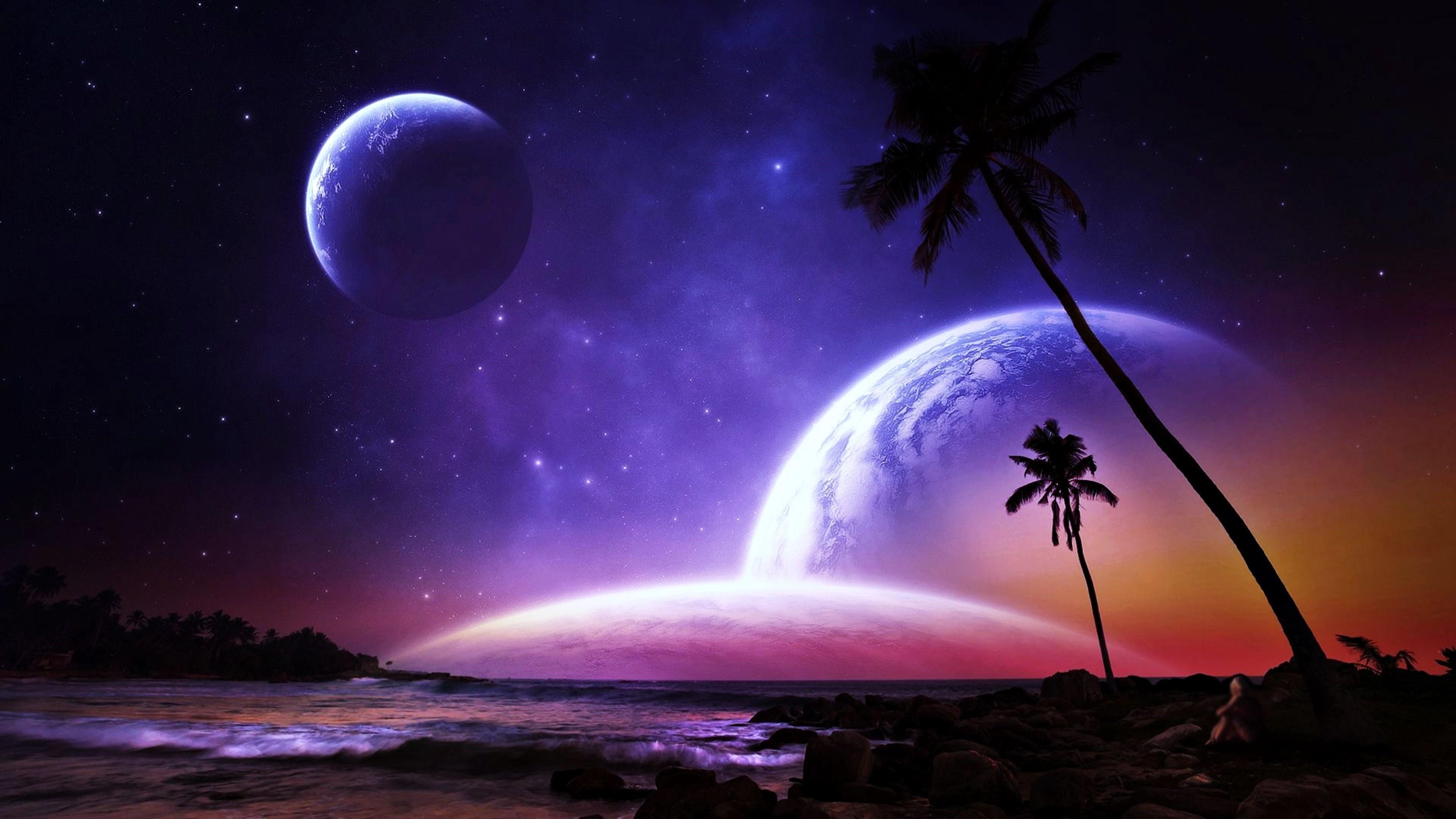 planet, palms, stars, beach, seashore, colorful, 4K, shore, space, sea, dream, HD Wallpaper