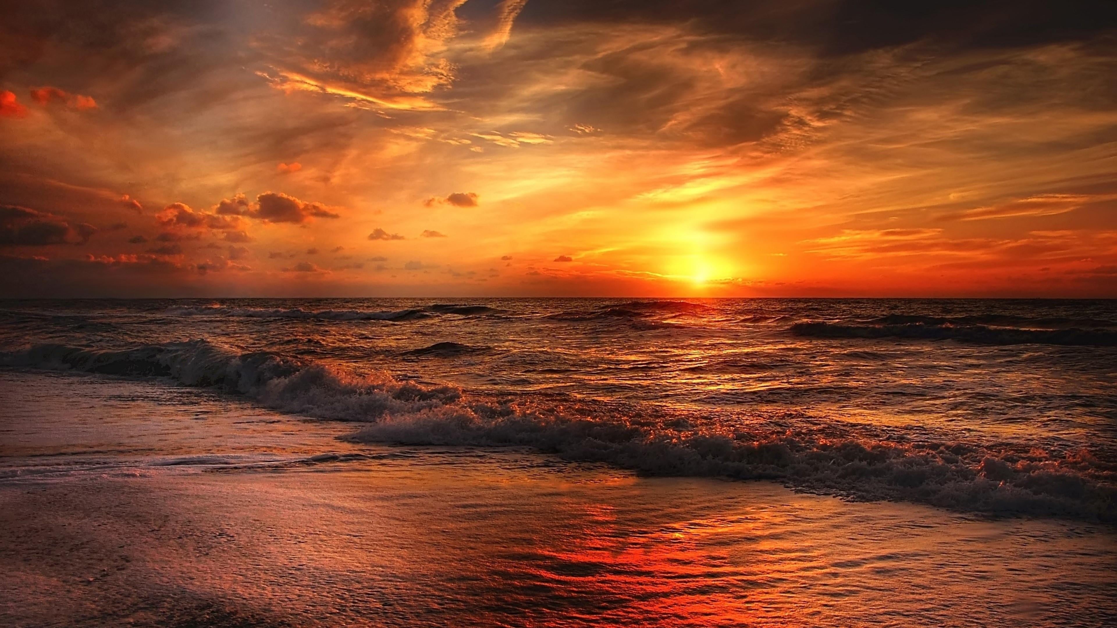 no people, horizon over water, wave, water, sky, orange, romantic sky, tranquility, horizon, orange sky, sunrise, sea, tranquil scene, sunset, shore, reddish, HD Wallpaper