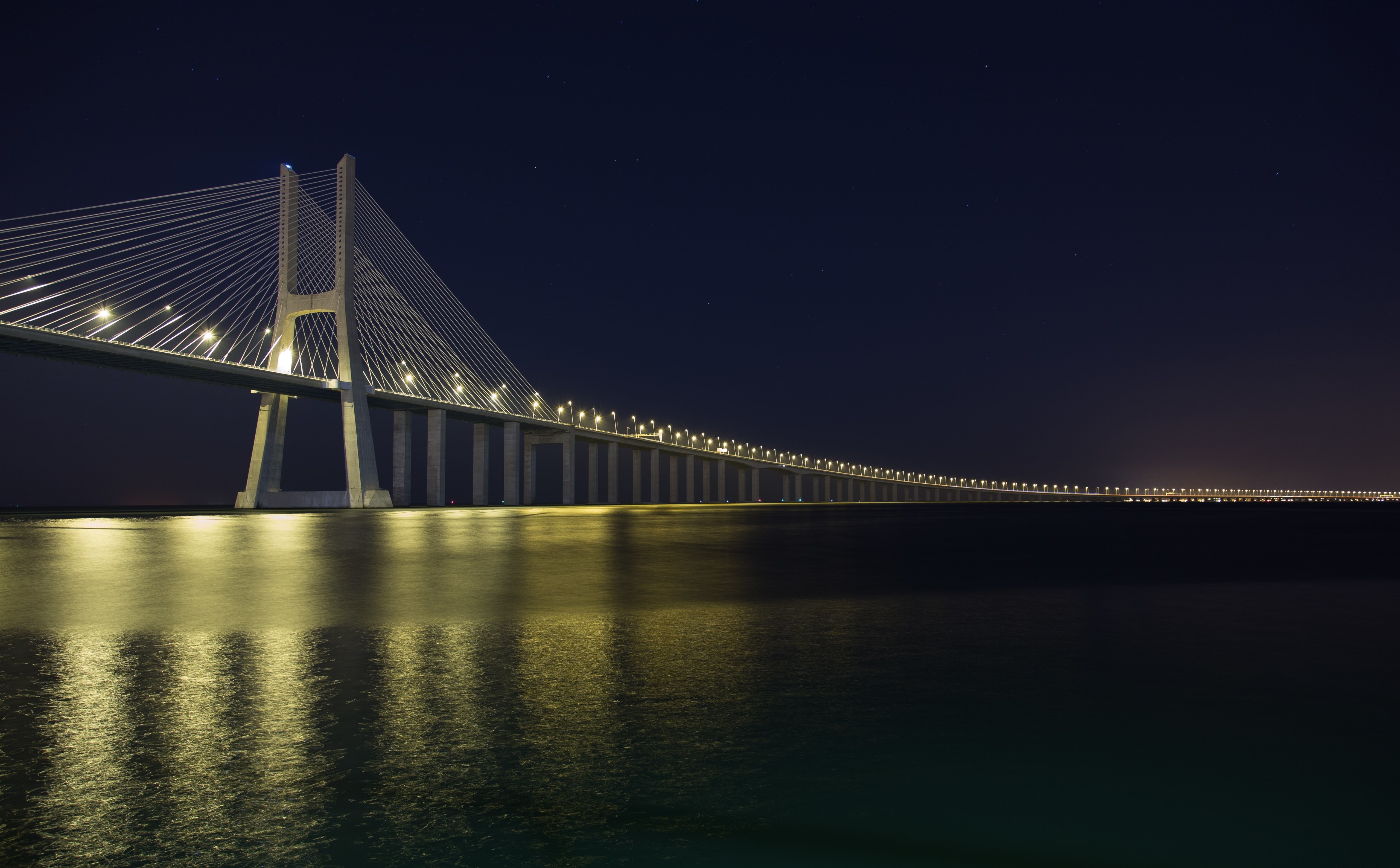 Clear, 5K, Reflections, bridge - man made structure, City, reflection, Lights, nature, CableStayedBridge, travel, transportation, starrysky, Night, architecture, HD Wallpaper