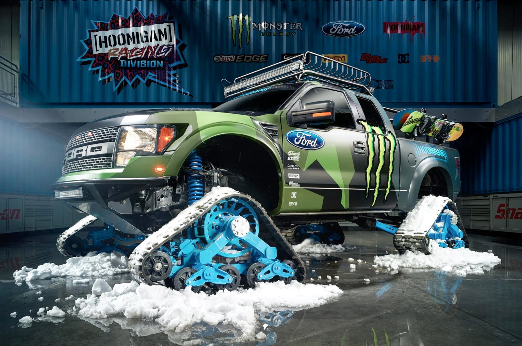building exterior, no people, RaptorTRAX, city, outdoors, illustration, 1080P, Hoonigan, built structure, motor vehicle, Ford, transportation, cold temperature, HD Wallpaper