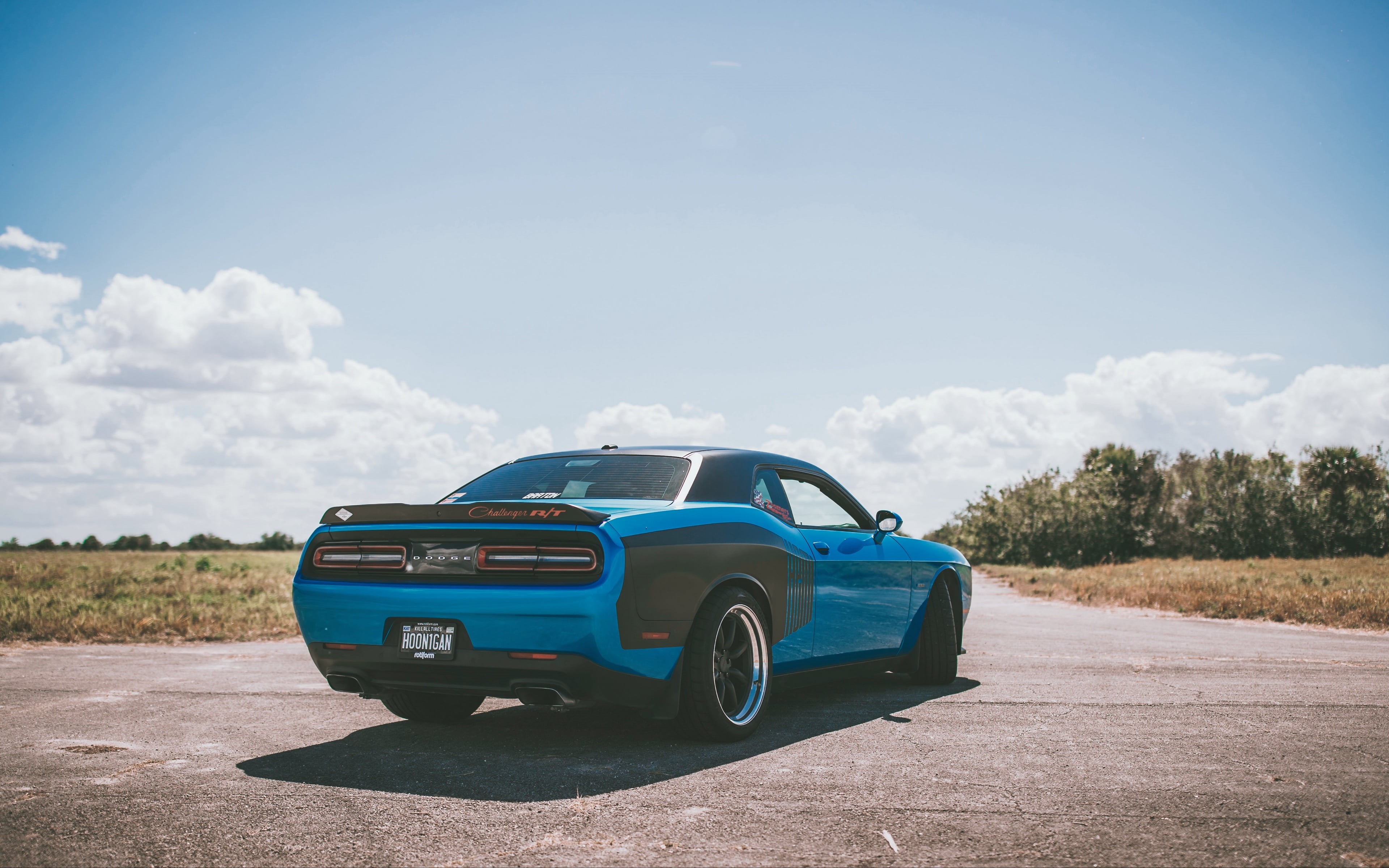 luxury, road trip, travel, day, blue, nature, retro styled, Dodge Challenger R/T, sunlight, outdoors, hoonigan, 4K, green color, cloud - sky, road, field, HD Wallpaper