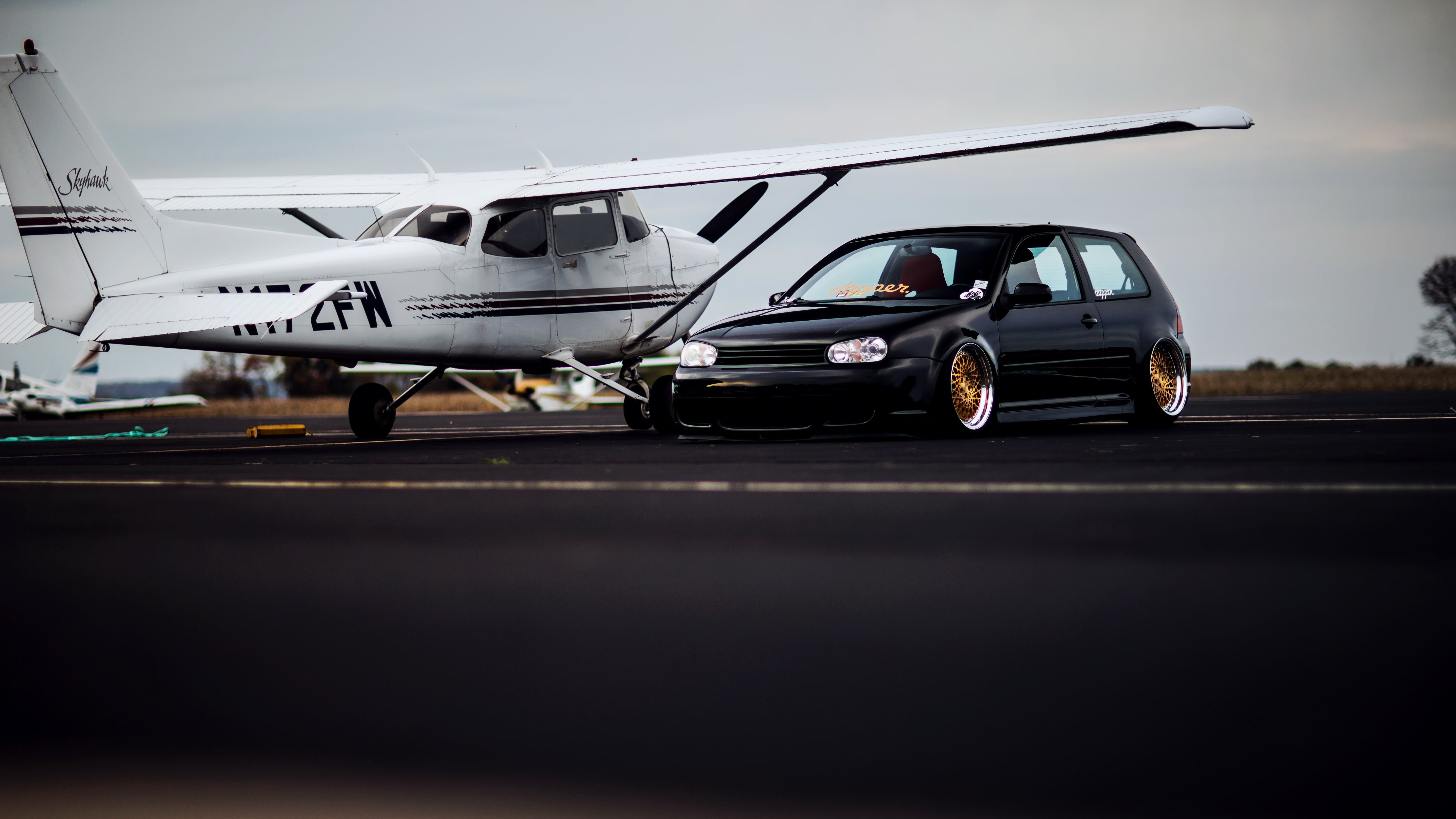 airplane, tuning, road, no people, aerospace industry, airport, motor vehicle, motion, journey, low, transportation, Volkswagen, travel, hatchback, day, HD Wallpaper
