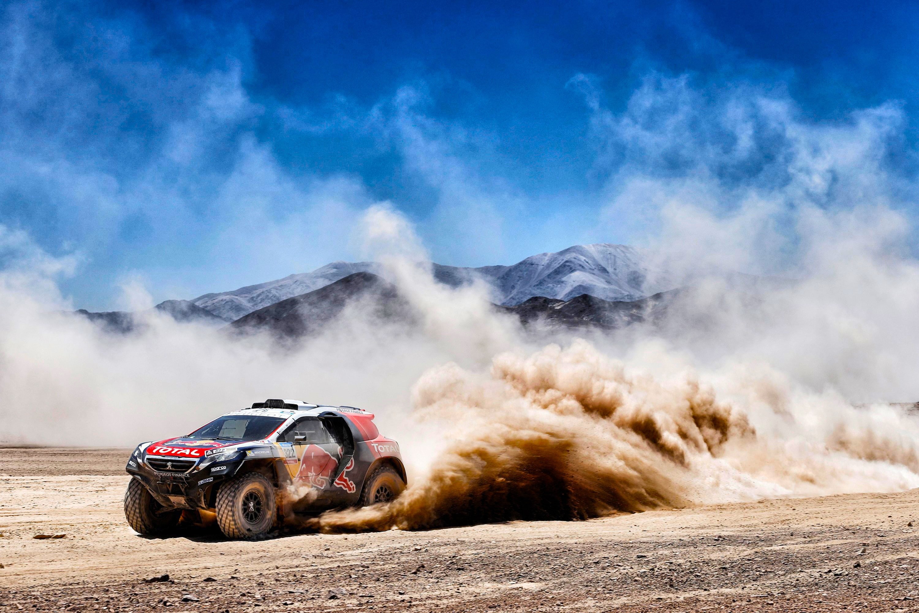 sand, car, 2K, racing, dirt, Rally, Peugeot, vehicle, HD Wallpaper
