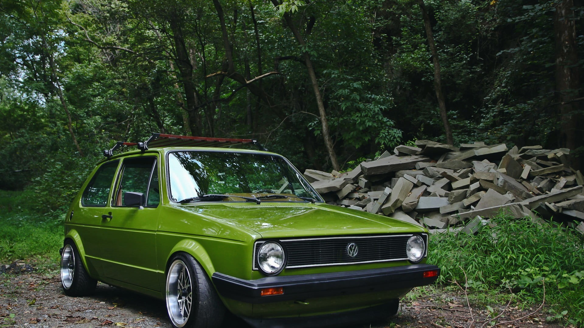 retro styled, Volkswagen, car, road, land, forest, green color, Golf 1, field, transportation, abandoned, stationary, plant, tree, motor vehicle, golf I, HD Wallpaper