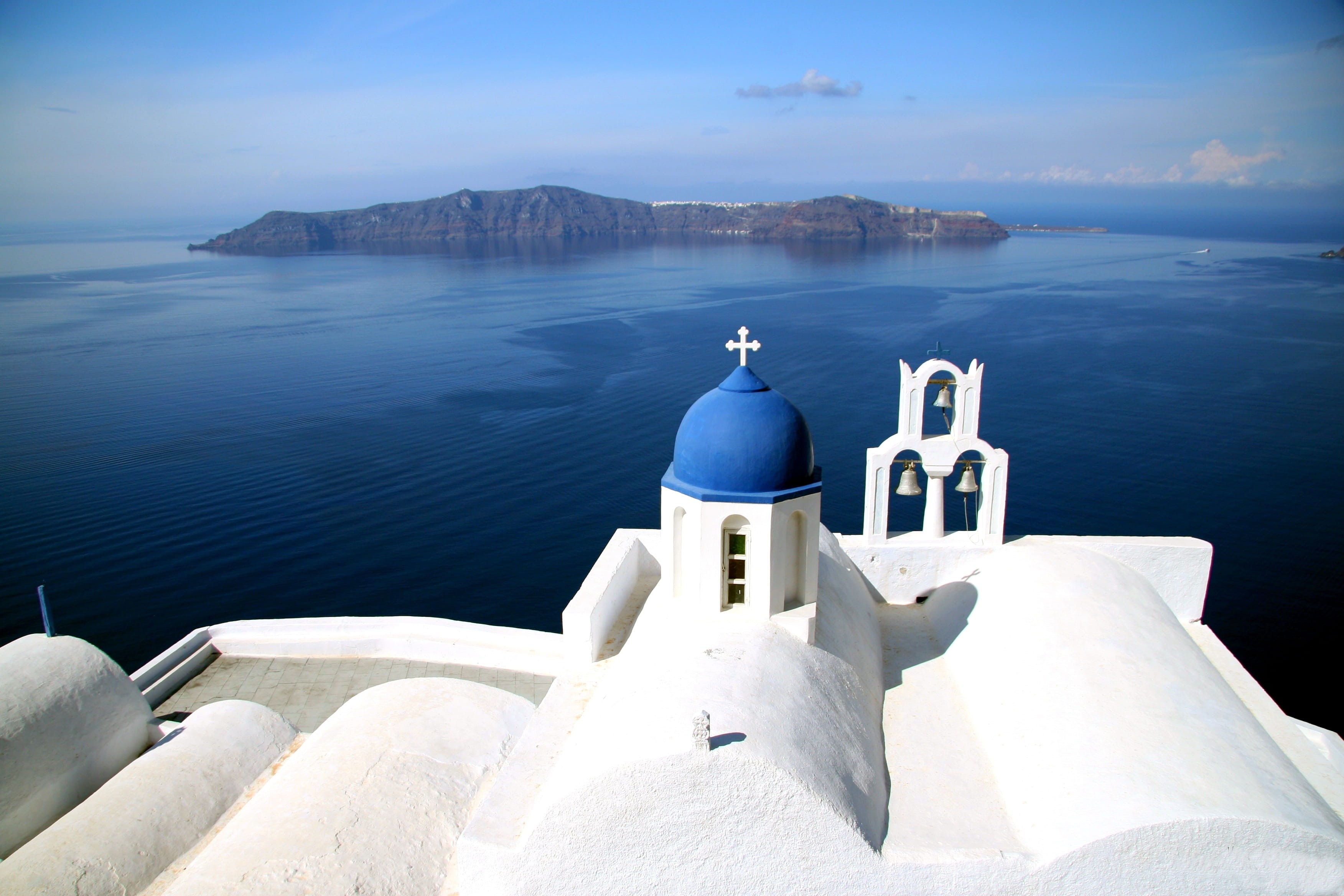 place of worship, no People, cultures, water, chapel, travel Locations, sky, orthodox Church, outdoors, white, greek island, famous Place, tourism, day, HD Wallpaper
