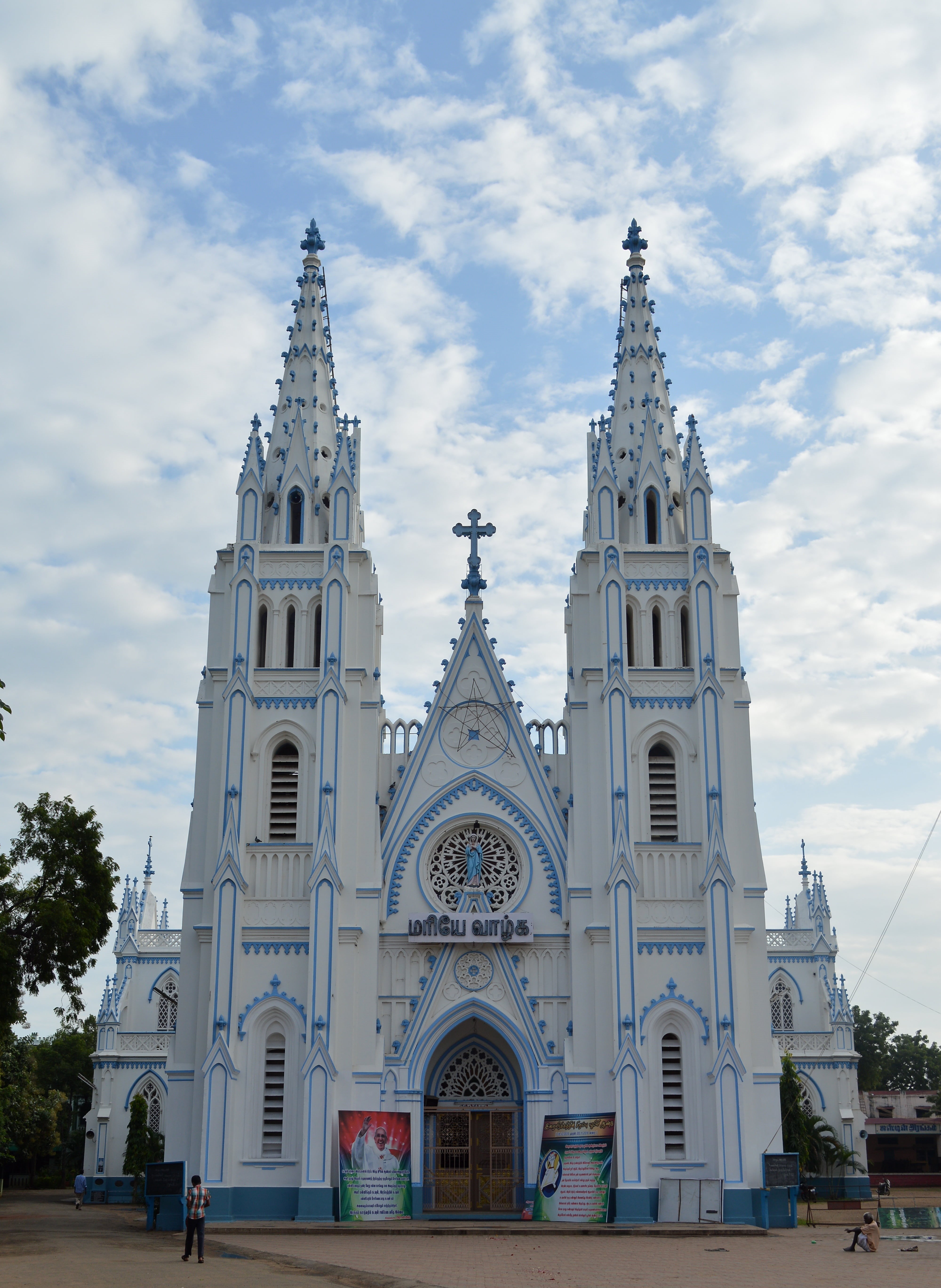 outdoors, madurai, architecture, low angle view, facade, saint, st marry, spirituality, chapel, religion, christianity, building, day, incidental people, Phone HD Wallpaper