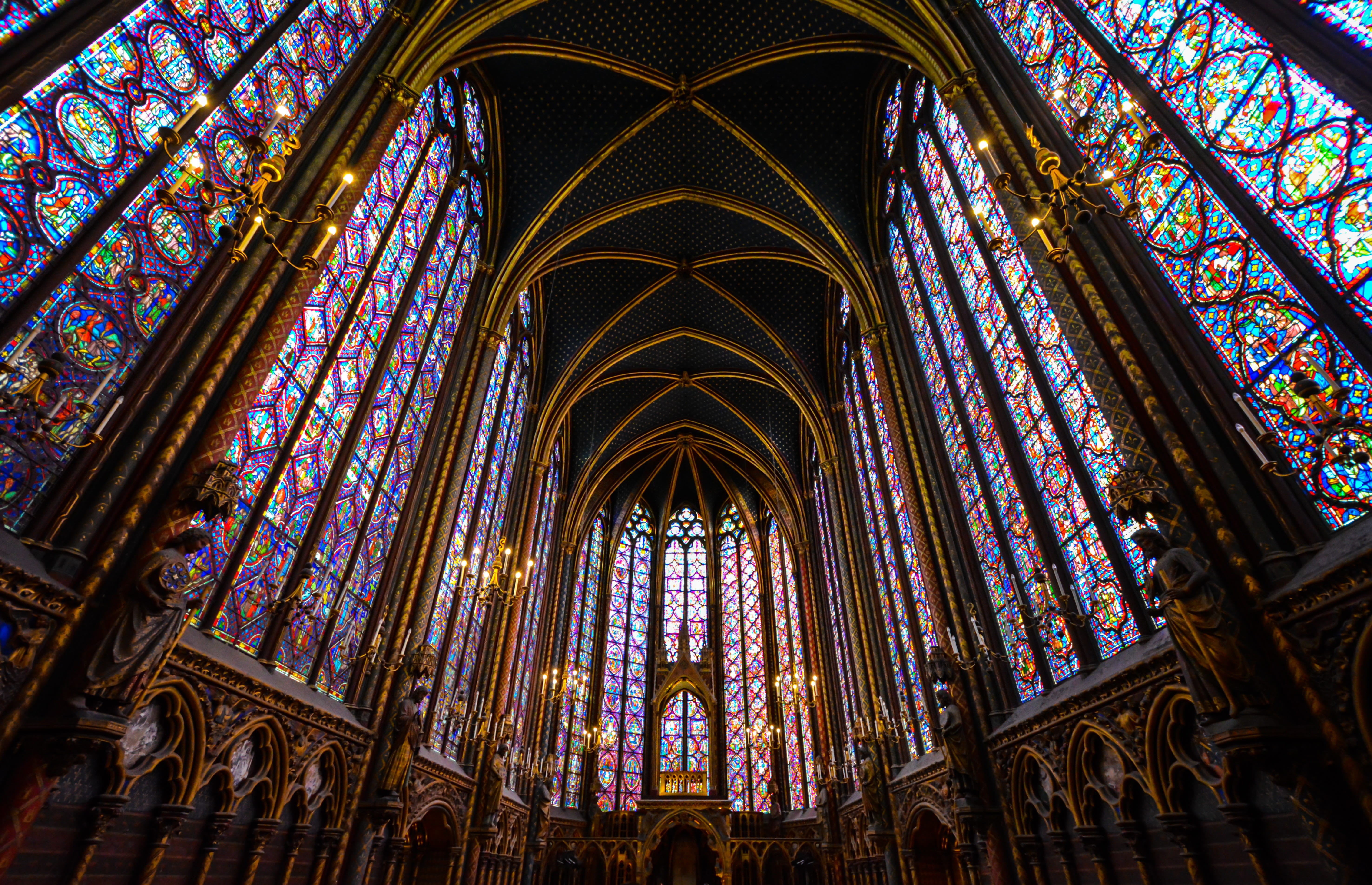 ceiling, baroque, glass, low angle view, stained glass windows, belief, building exterior, ile de la cite, religion, place of worship, france, architecture and art, HD Wallpaper