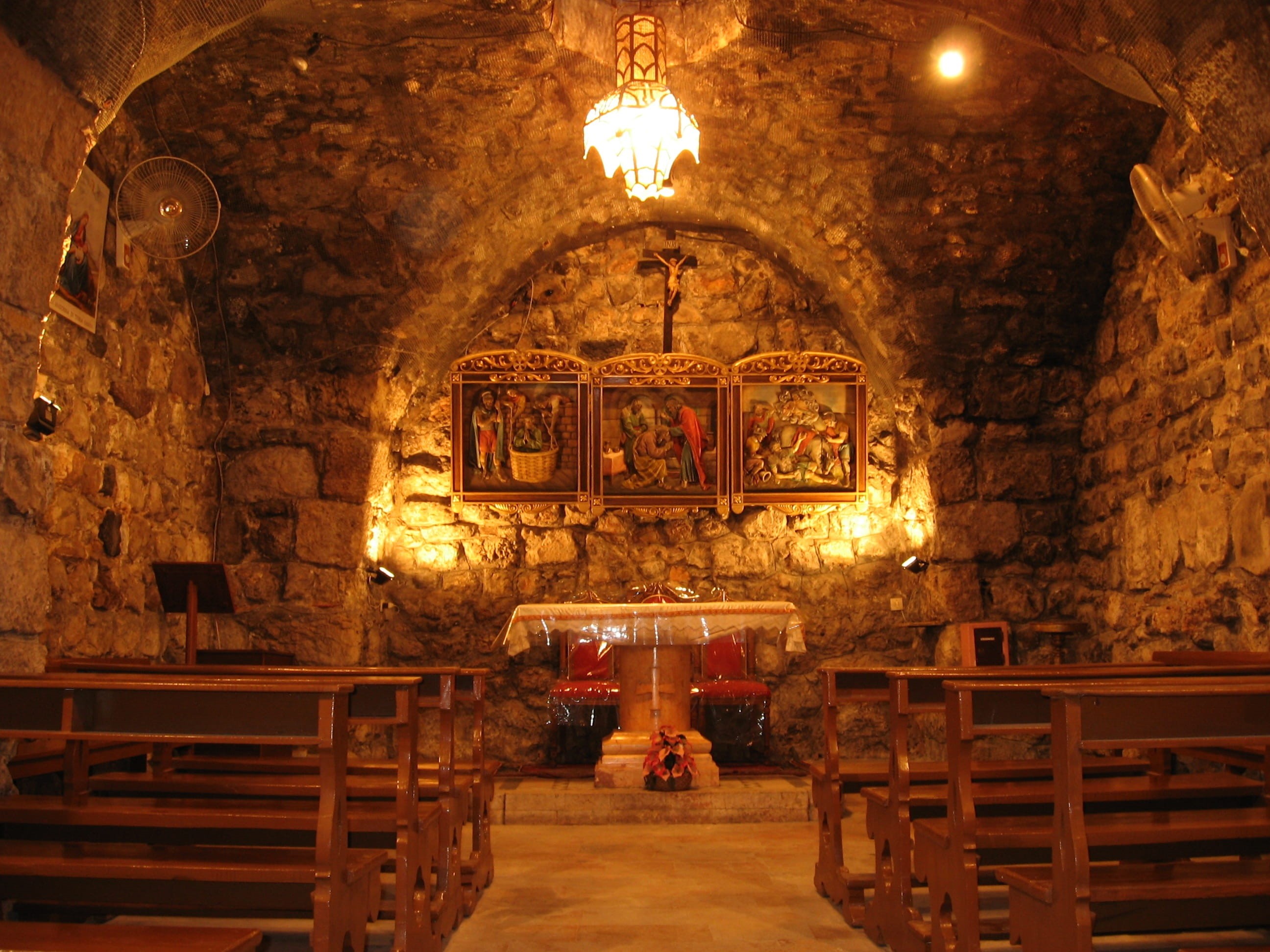 illuminated, ceiling, lighting equipment, candle, mural, belief, chapel, damascus, no people, building, architecture, absence, electric lamp, indoors, seat, HD Wallpaper
