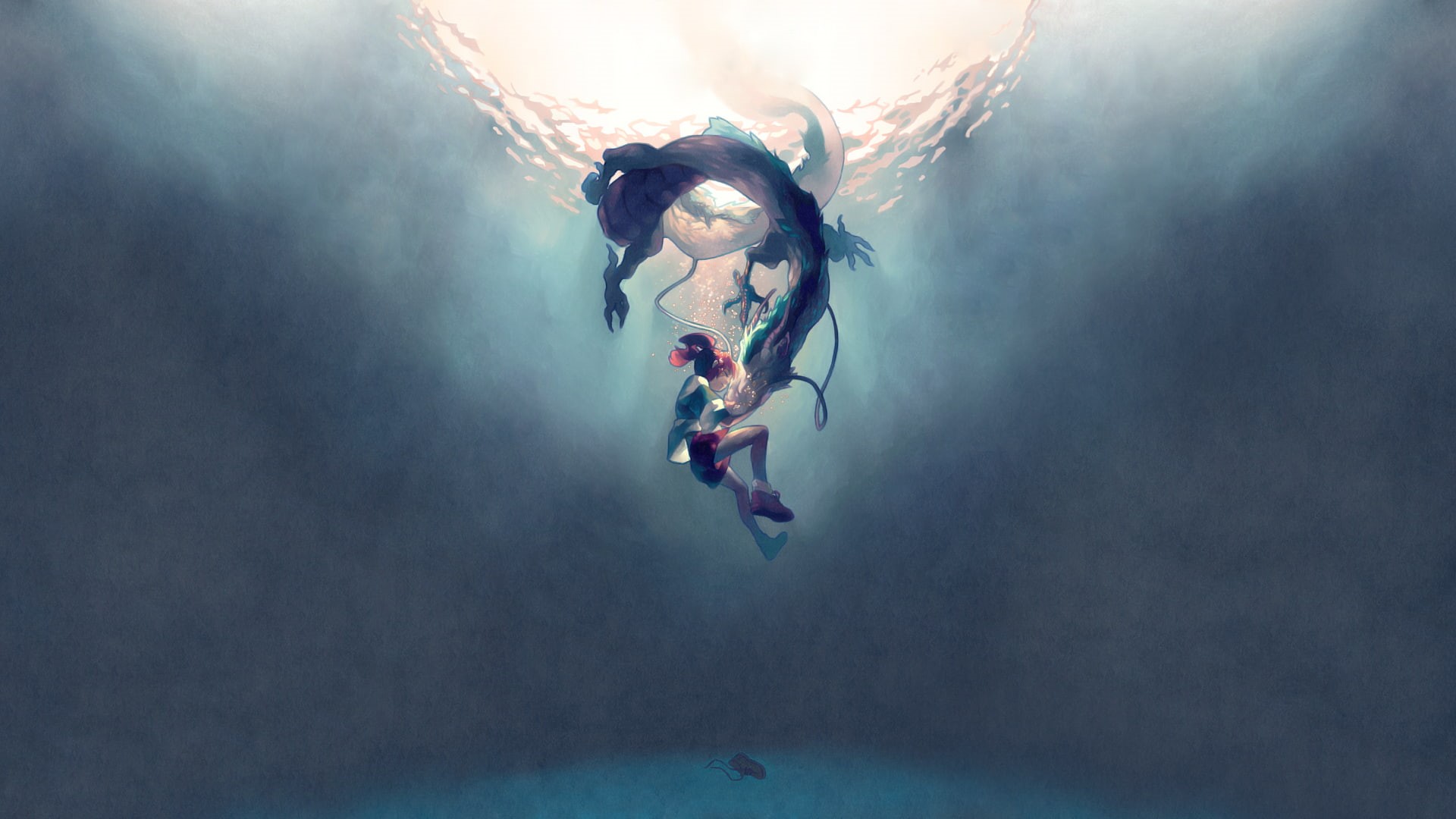 short hair, underwater, dragon, anime girls, Studio Ghibli, anime, Spirited Away, redhead, 1080P, HD Wallpaper