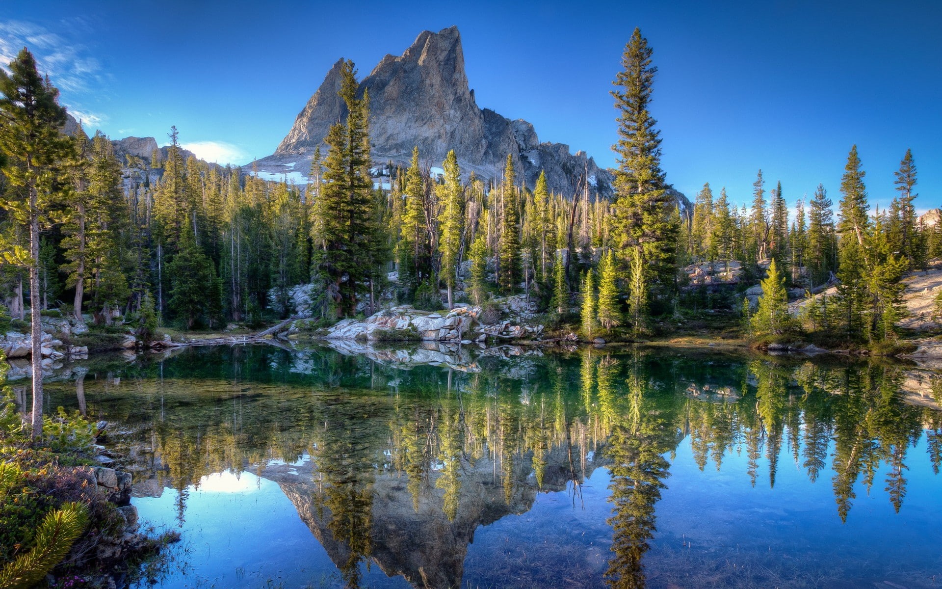 landscape, HDR, nature, mountains, trees, blue, forest, 1080P, reflection, lake, Idaho, water, calm, HD Wallpaper