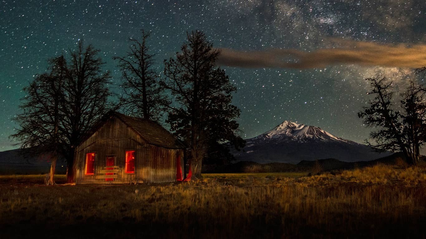 astronomy, tree, mountains, scenics - nature, night, star - space, snowy peak, long exposure, California, tranquil scene, trees, architecture, nature, cabin, HD Wallpaper