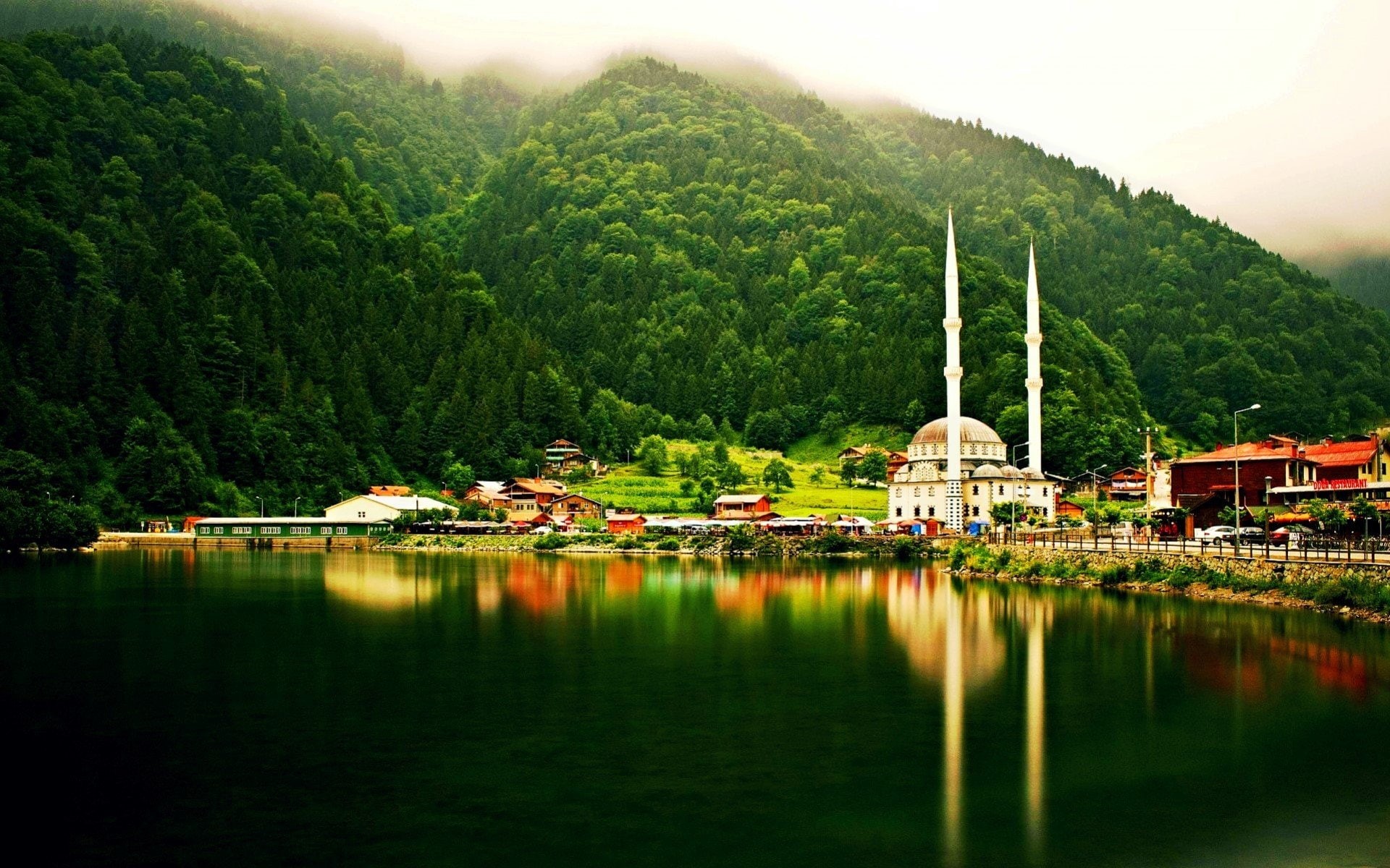 waterfront, mountain, Hills, forest, growth, architecture, landscape, no people, Uzungöl, built structure, beauty in nature, 1080P, lake, nature, water, HD Wallpaper