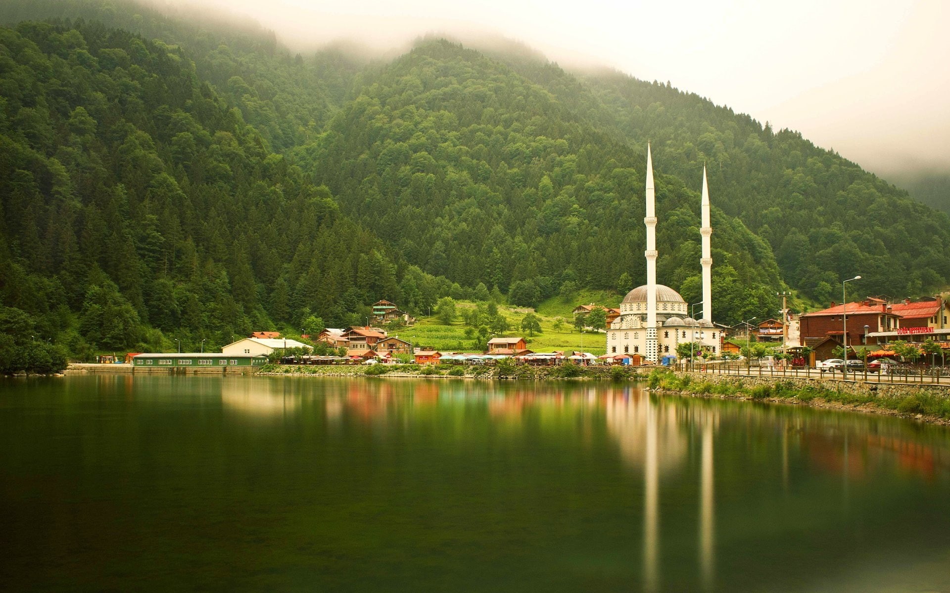 reflection, mist, Turkey, landscape, trees, forest, 1080P, lake, nature, mosque, Uzungöl, Trabzon, hills, HD Wallpaper