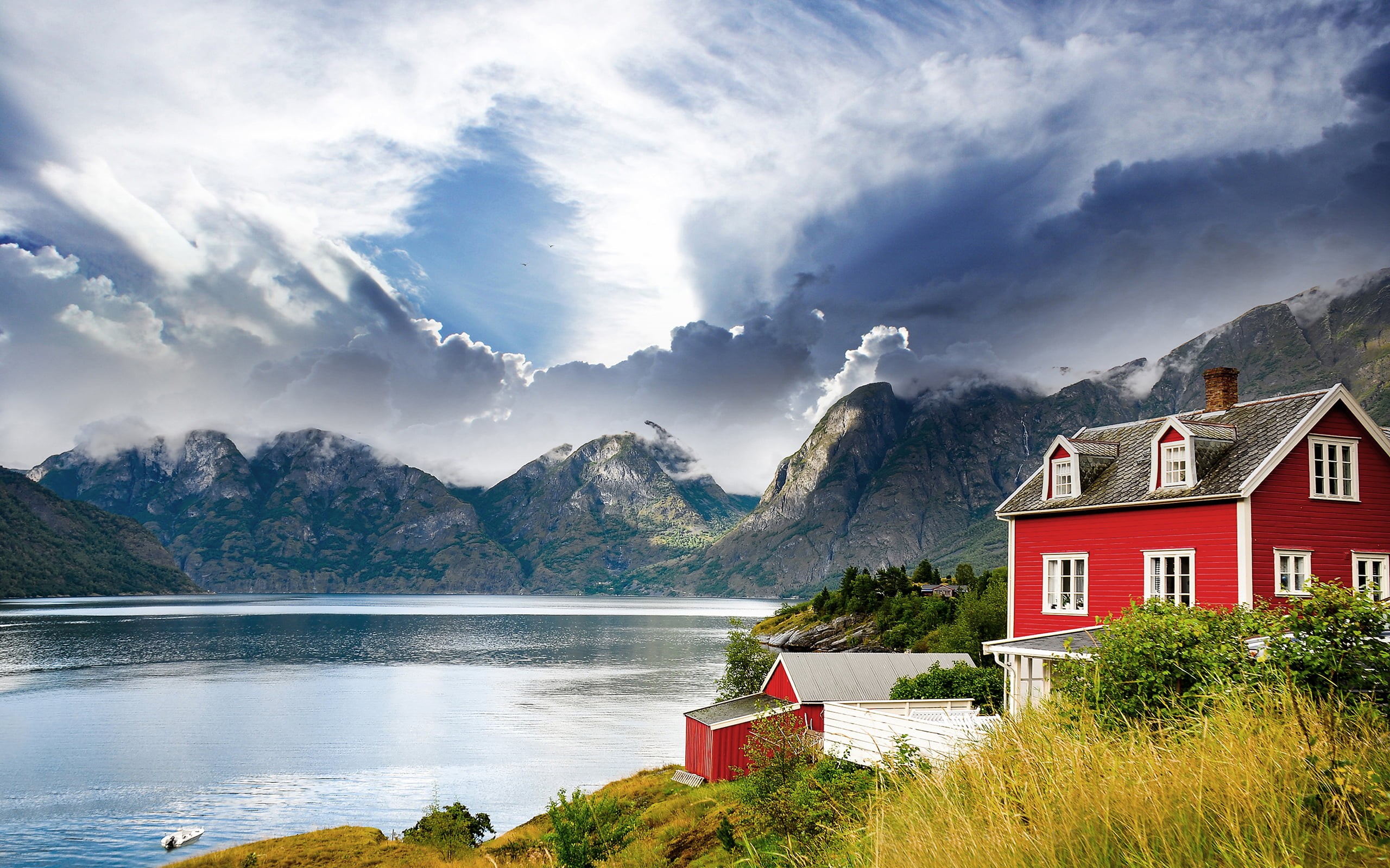 Norway, no People, red, blue, cloud - Sky, building, vacations, tranquil Scene, rock - Object, architecture, mountain Range, mountain Peak, idyllic, sky, HD Wallpaper