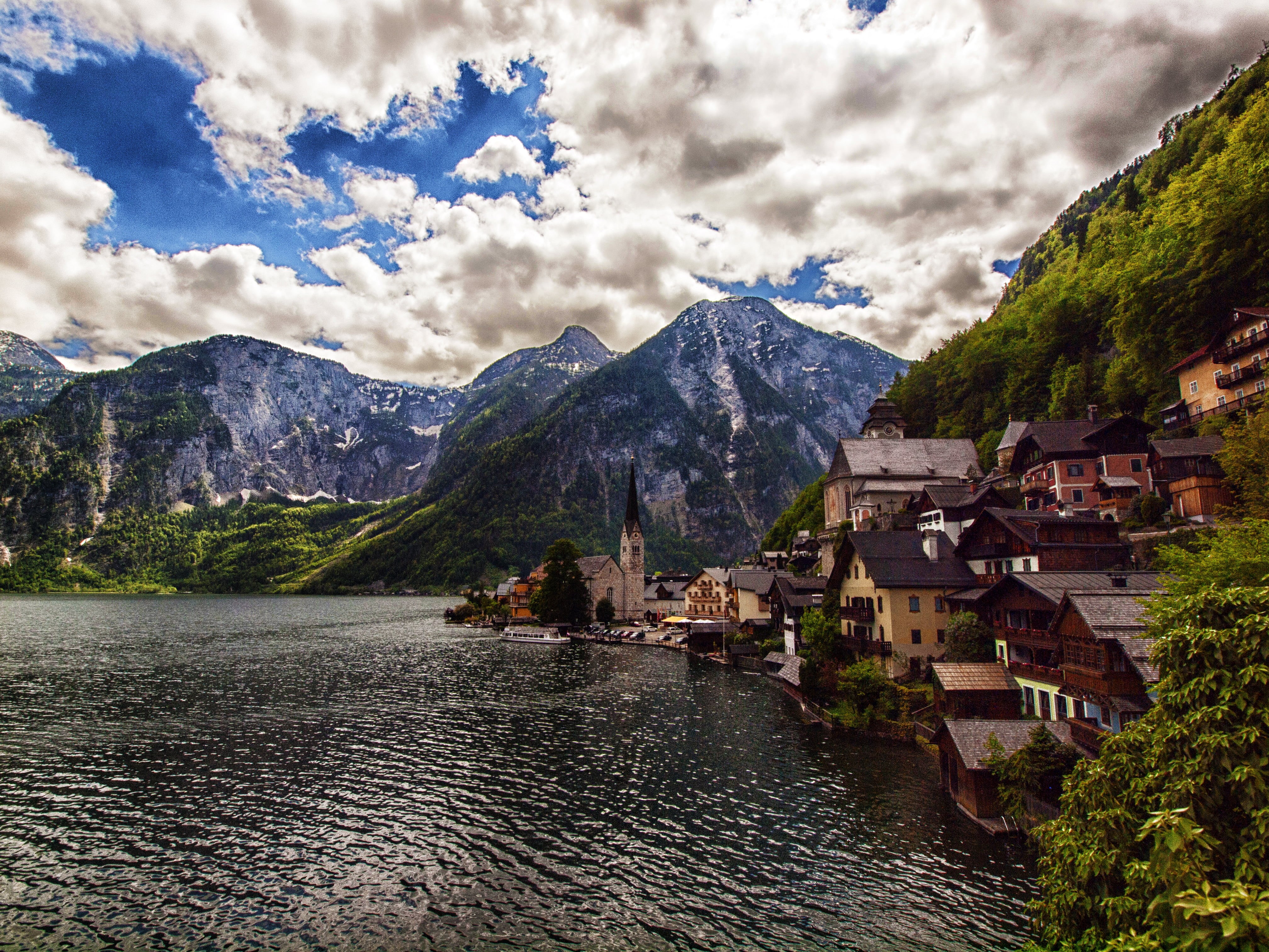 body of water, Lake, water, Austria, outdoors, europe, Mountain, Photoshop, summer, switzerland, nature, 4K, hallstatter See, village, travel, Olympus  E-620, HD Wallpaper