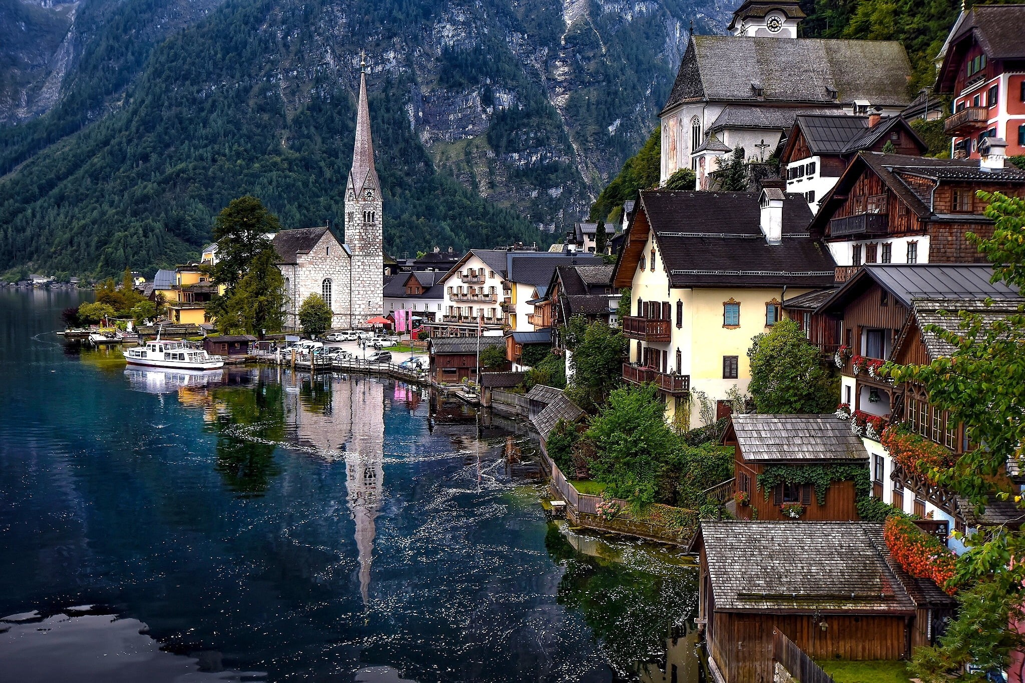 famous Place, belief, 1080P, religion, plant, outdoors, church, european Alps, hallstatter See, green, town, built Structure, building, river, day, europe, HD Wallpaper