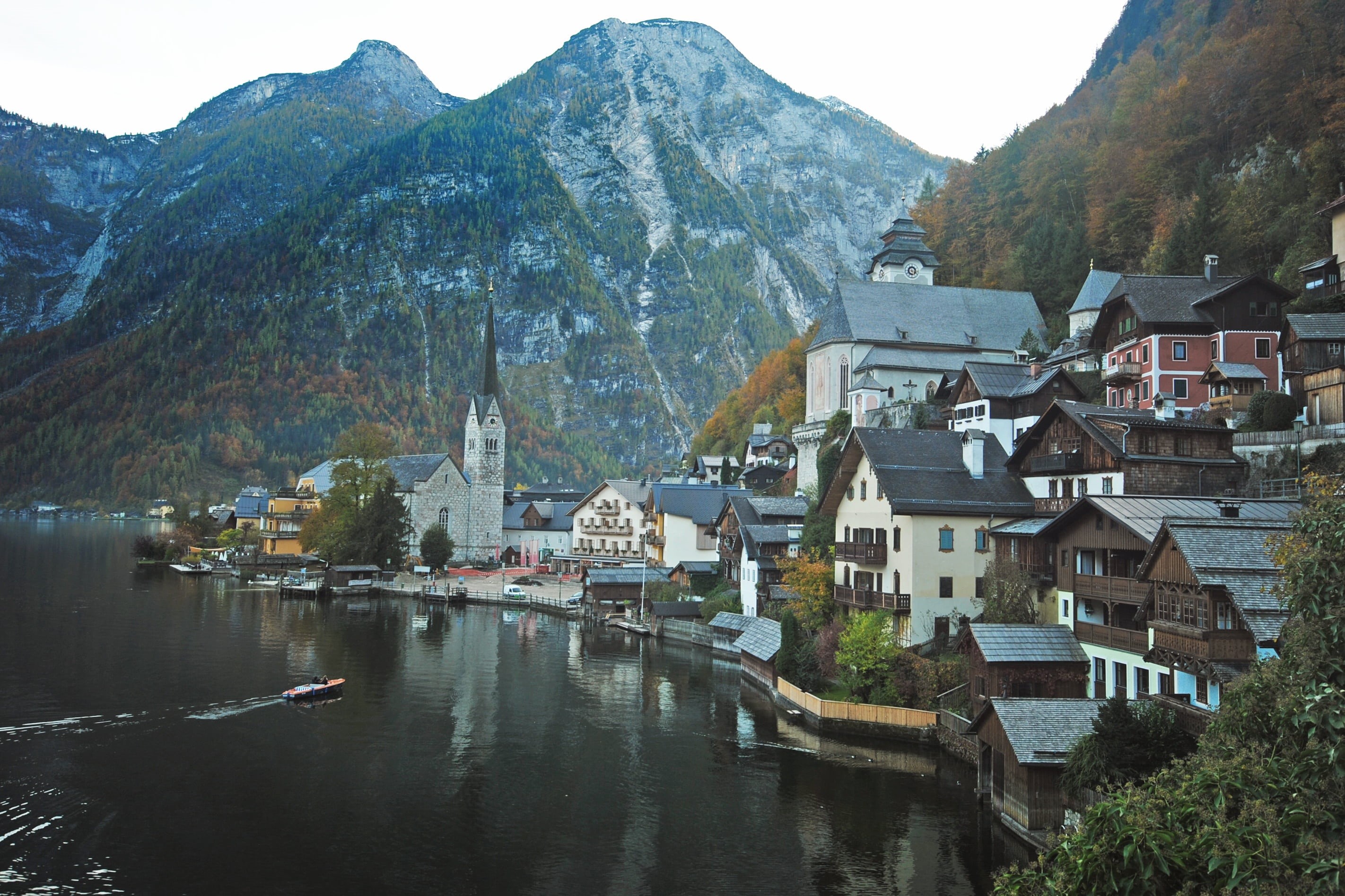 architecture, adventure, tree, hallstatter See, 2K, village, sky, scenics, travel, no people, home, symbol, landscape, house, church, lake, small, building exterior, HD Wallpaper