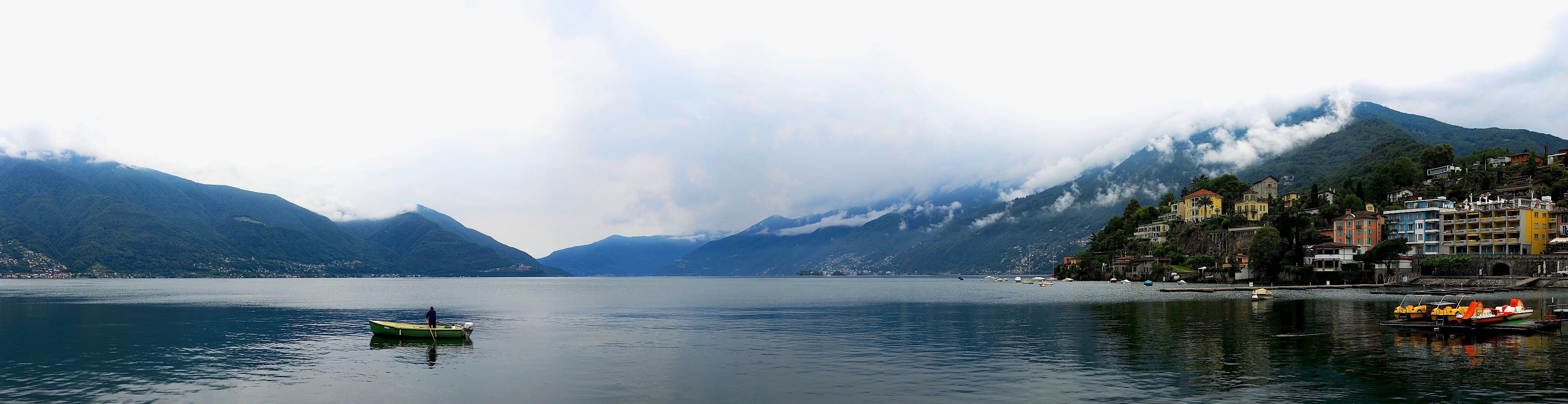 4K, scenics, lago, hallstatter See, tessin, hugin, panorama, riding, ascona, switzerland, panoramic photo, photo, nature, panoramic, lake, person, boat, HD Wallpaper