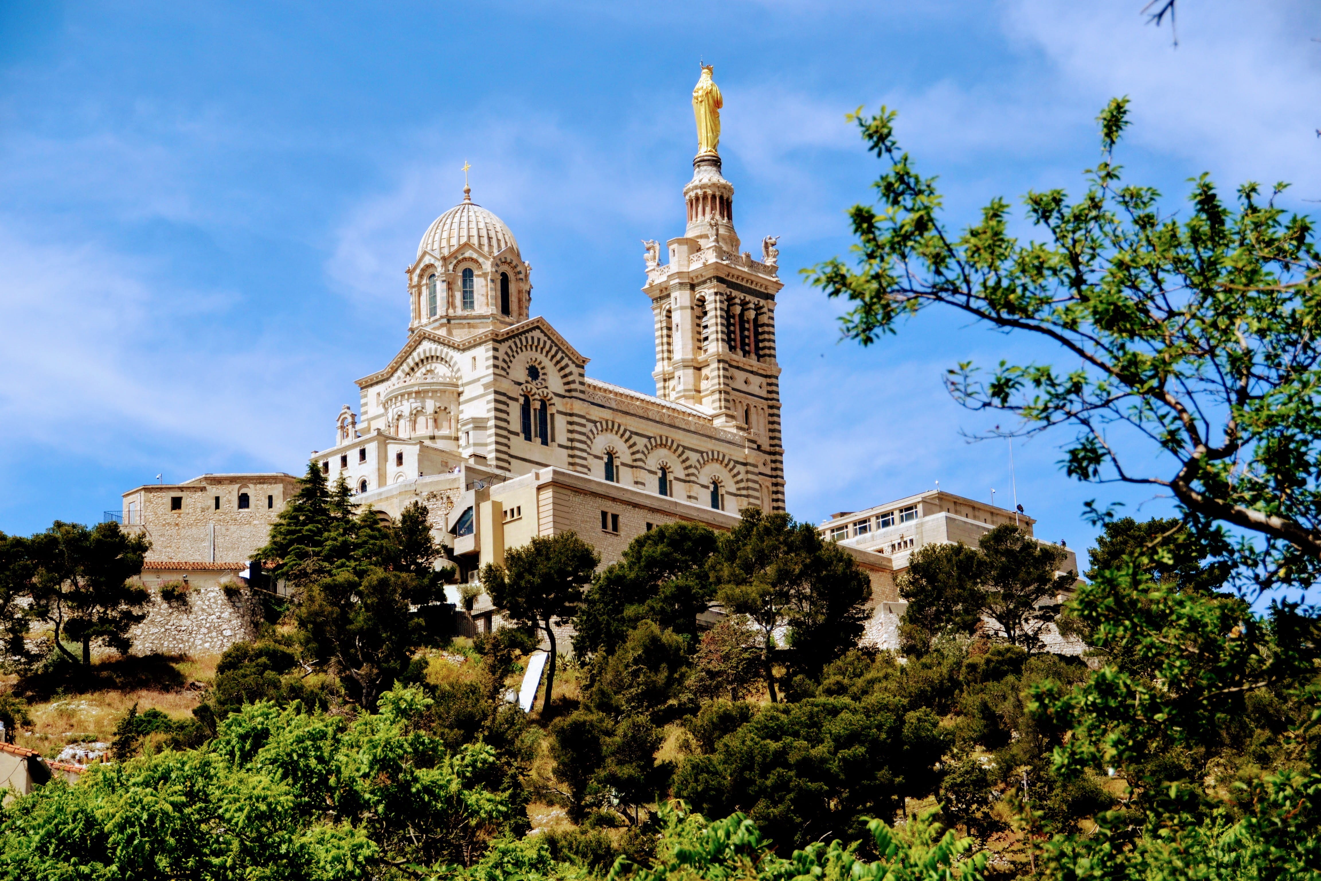 chruch, nature, travel, landscape, religion, building, day, sky, growth, no people, spire, france, marseille, paisagem, place of worship, building exterior, HD Wallpaper