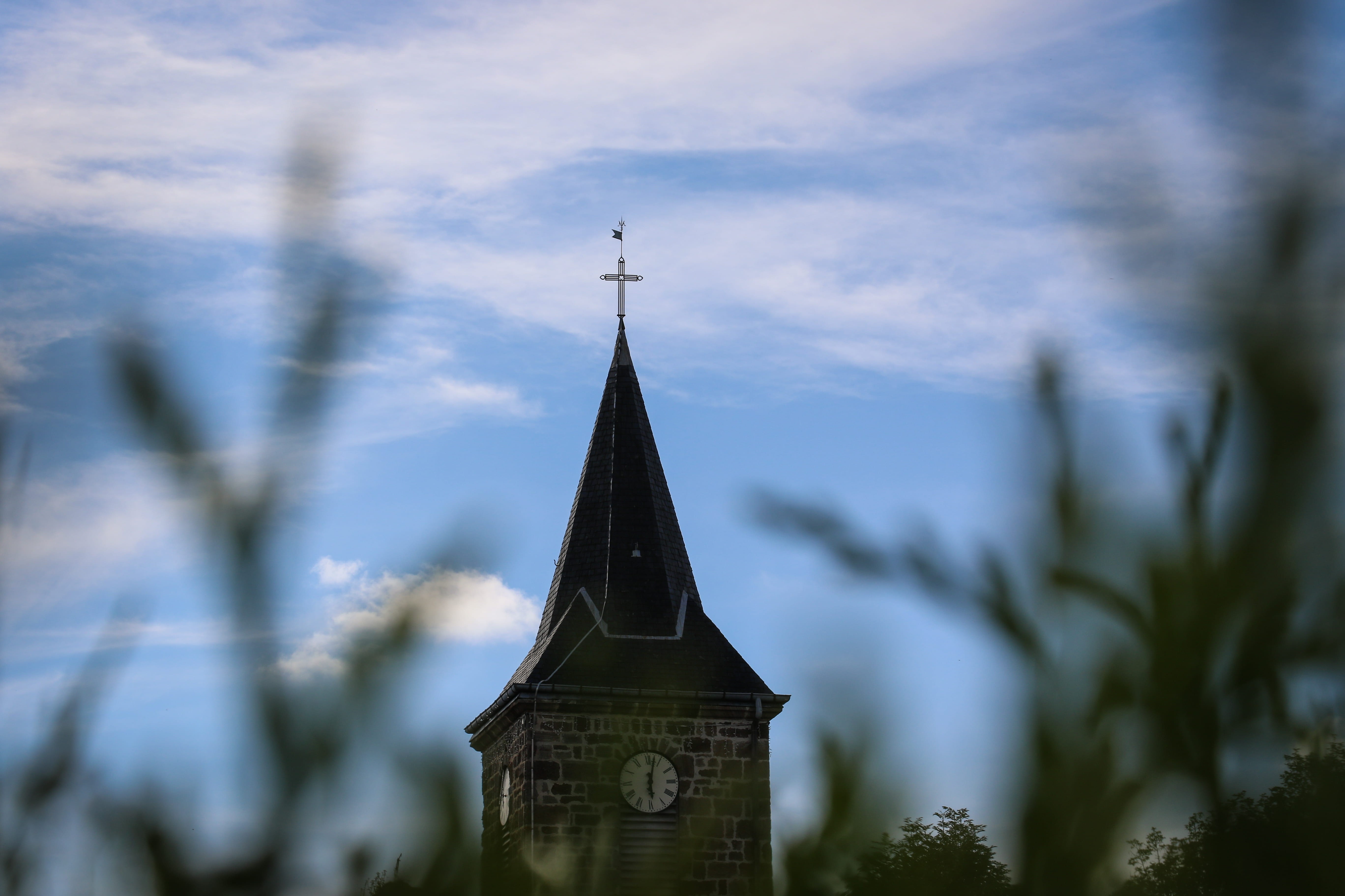 france, moudeyres, tower, belief, architecture, clock, cloud - sky, steeple, day, 5K, no people, cross, religion, building exterior, chruch, spire, tree, HD Wallpaper