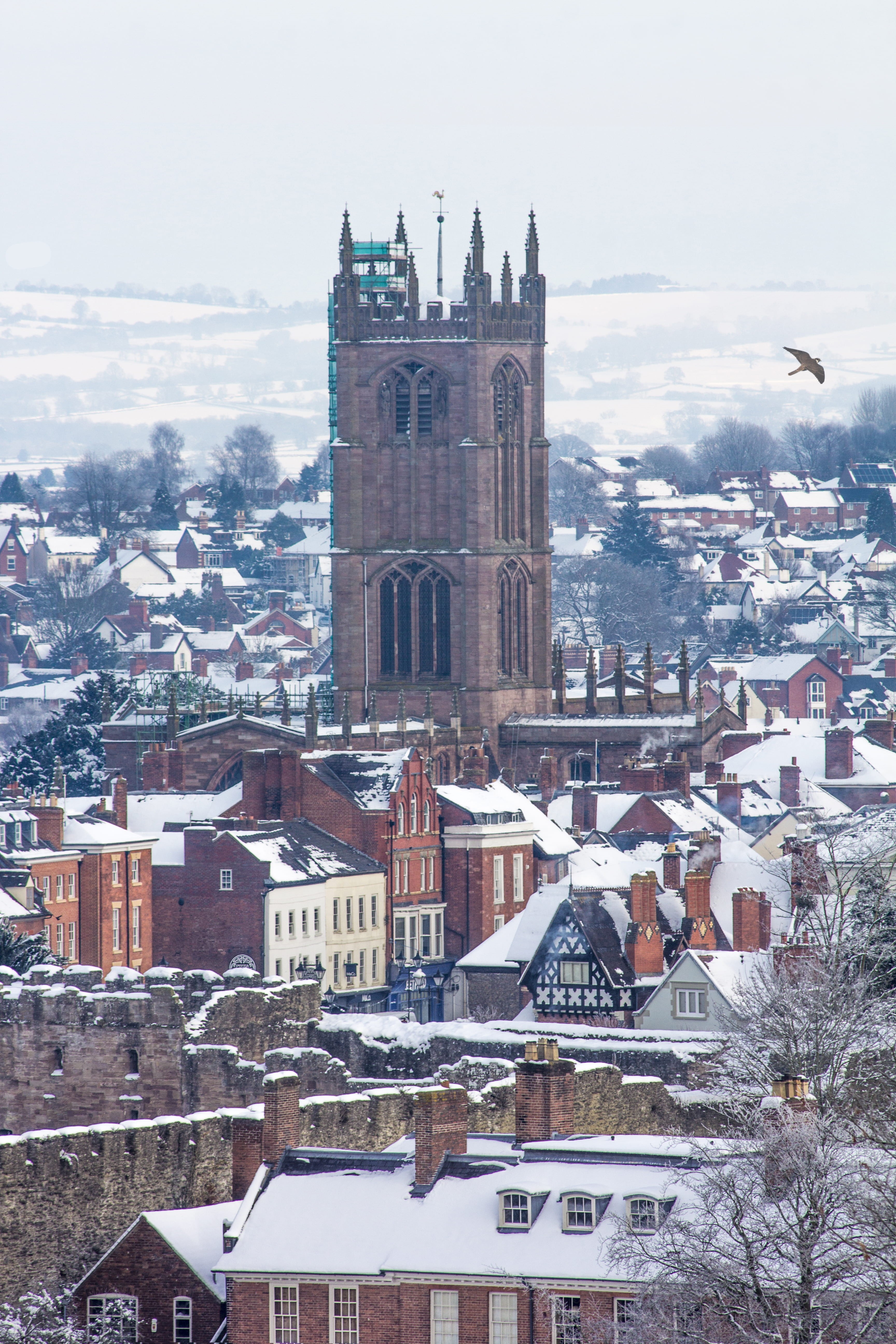 winter, day, travel destinations, outdoors, spirituality, snow, nature, 5K, brown, architecture, sky, city, no people, houses, building, cold temperature, Phone HD Wallpaper