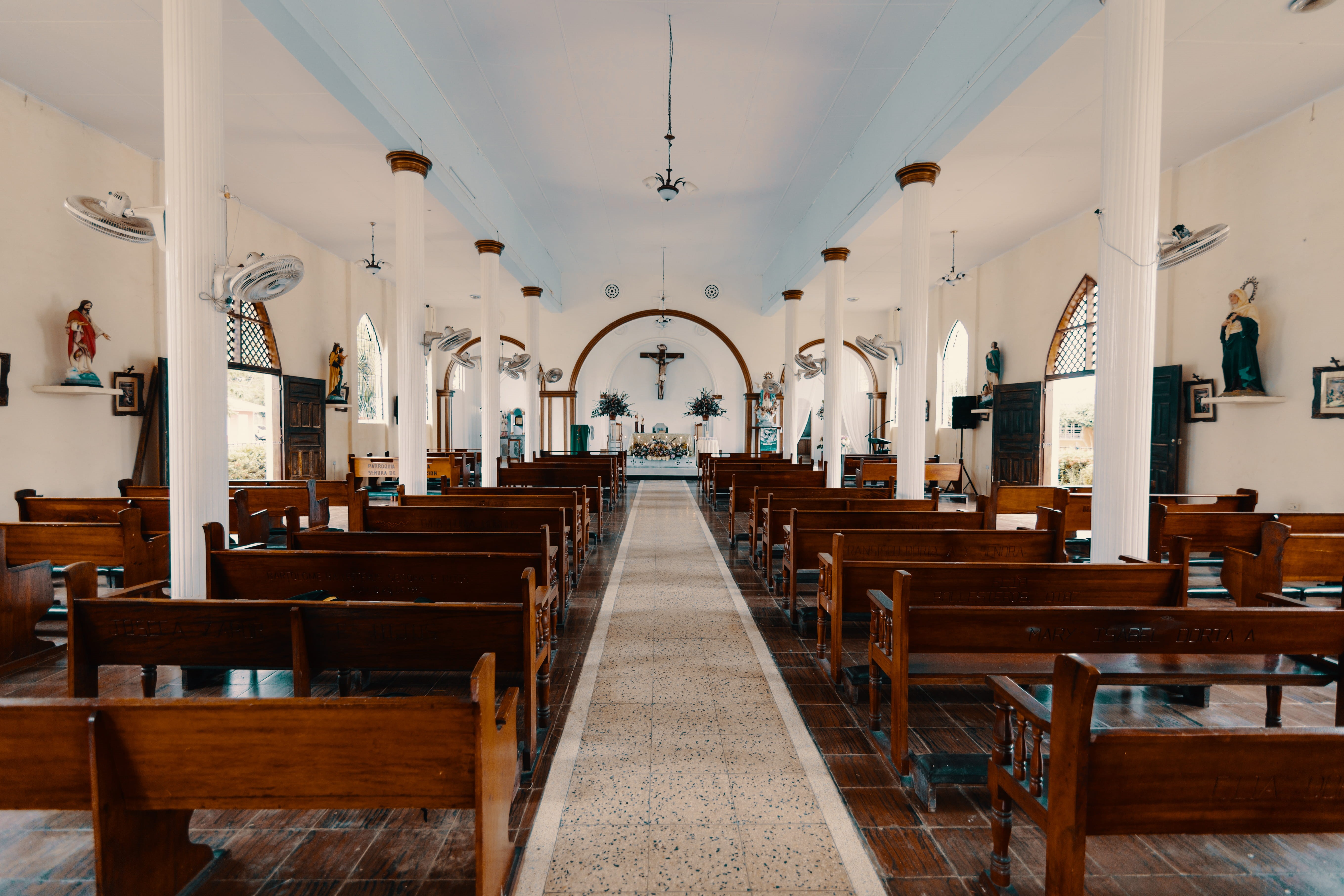 spirituality, places, fe, luxury, pew, chruch, lighting equipment, no people, empty, place of worship, chair, religious, setting, 5K, seat, wood - material, HD Wallpaper