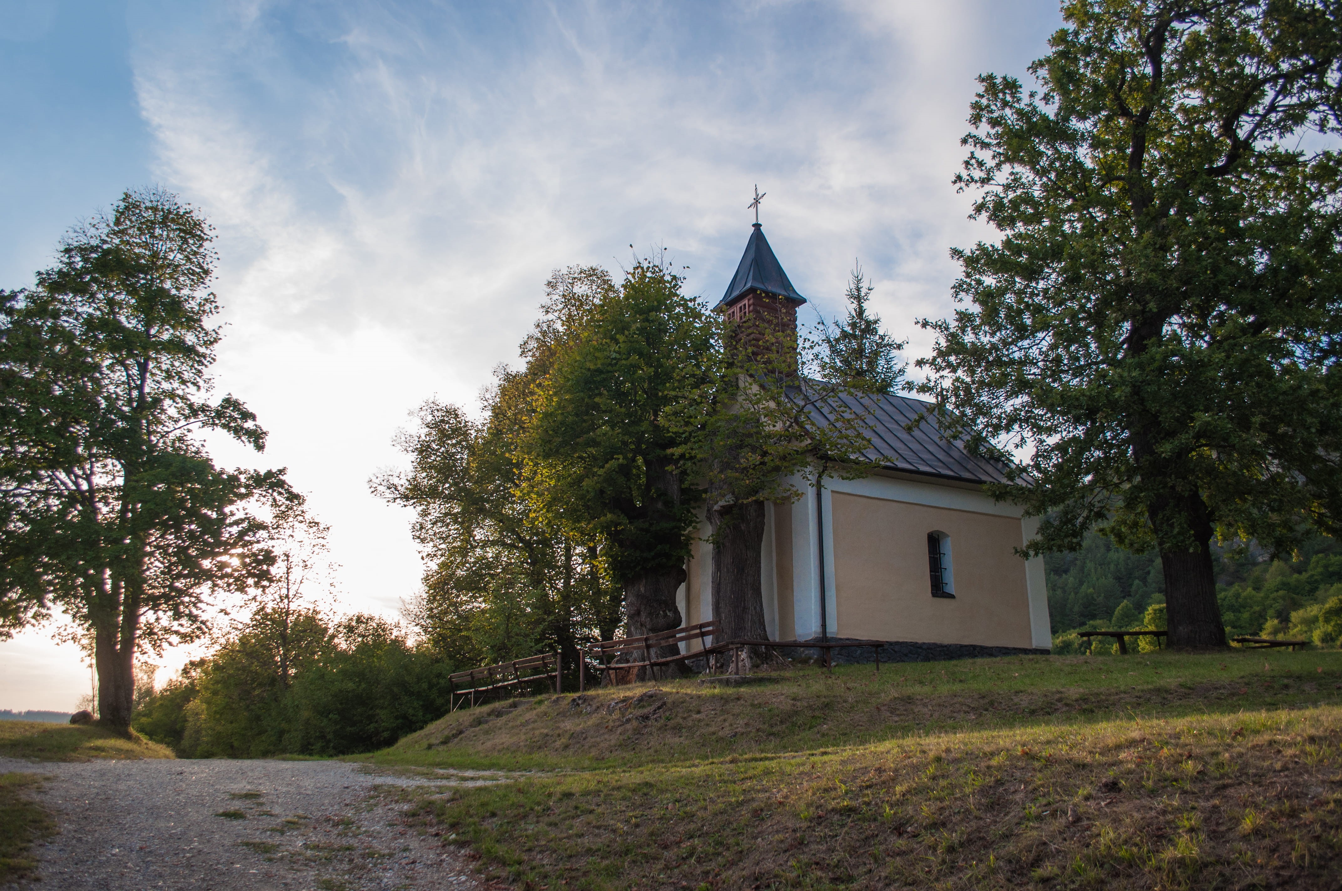podskalie, slovakia, chruch, day, morning, cloud - sky, path, grass, built structure, no people, sky, clouds, belief, architecture, religion, building exterior, HD Wallpaper