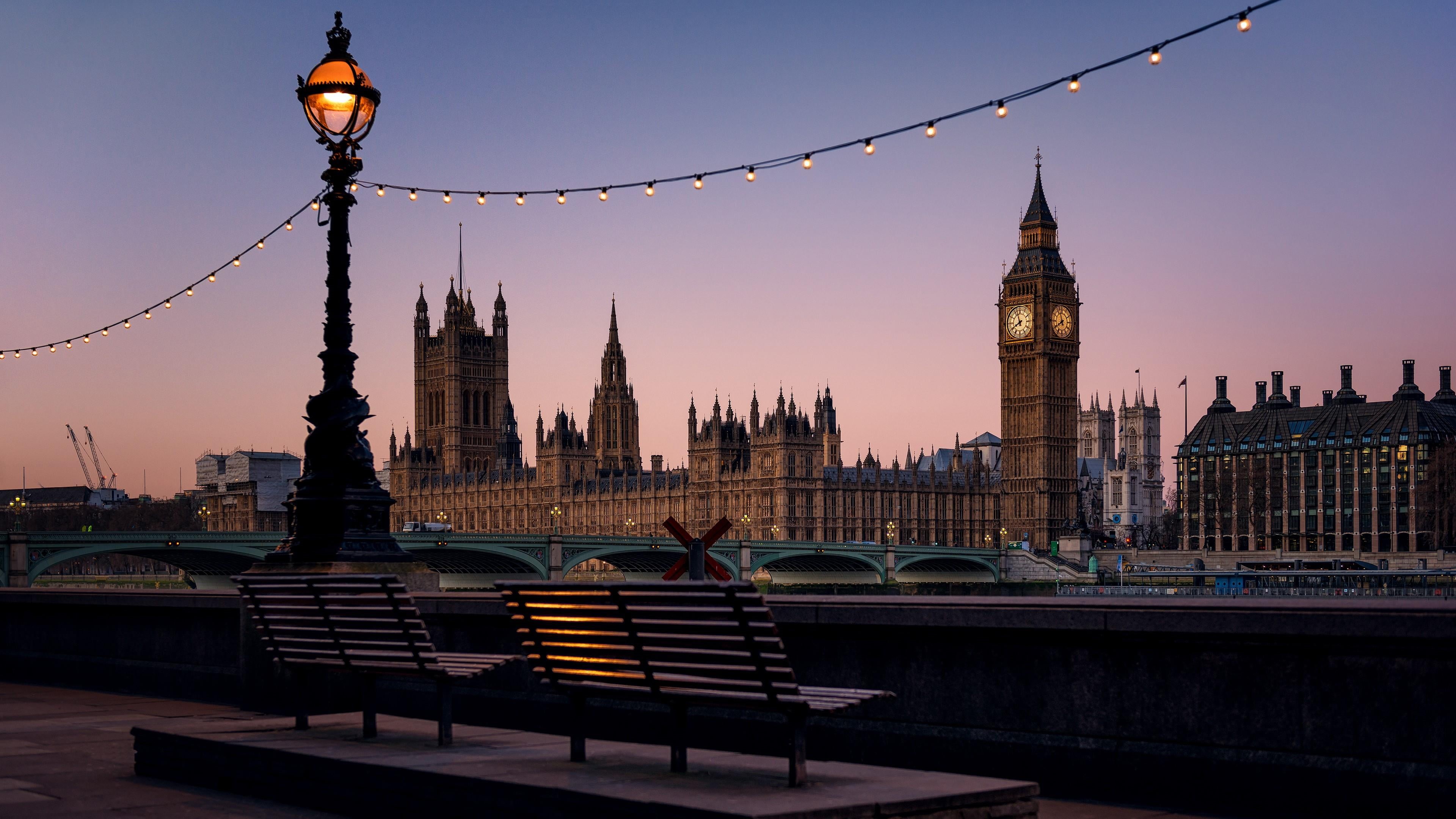 clock tower, westminster, sky, evening, tower, travel destinations, benches, architecture, bridge - man made structure, lighting equipment, dusk, houses of parliament, HD Wallpaper