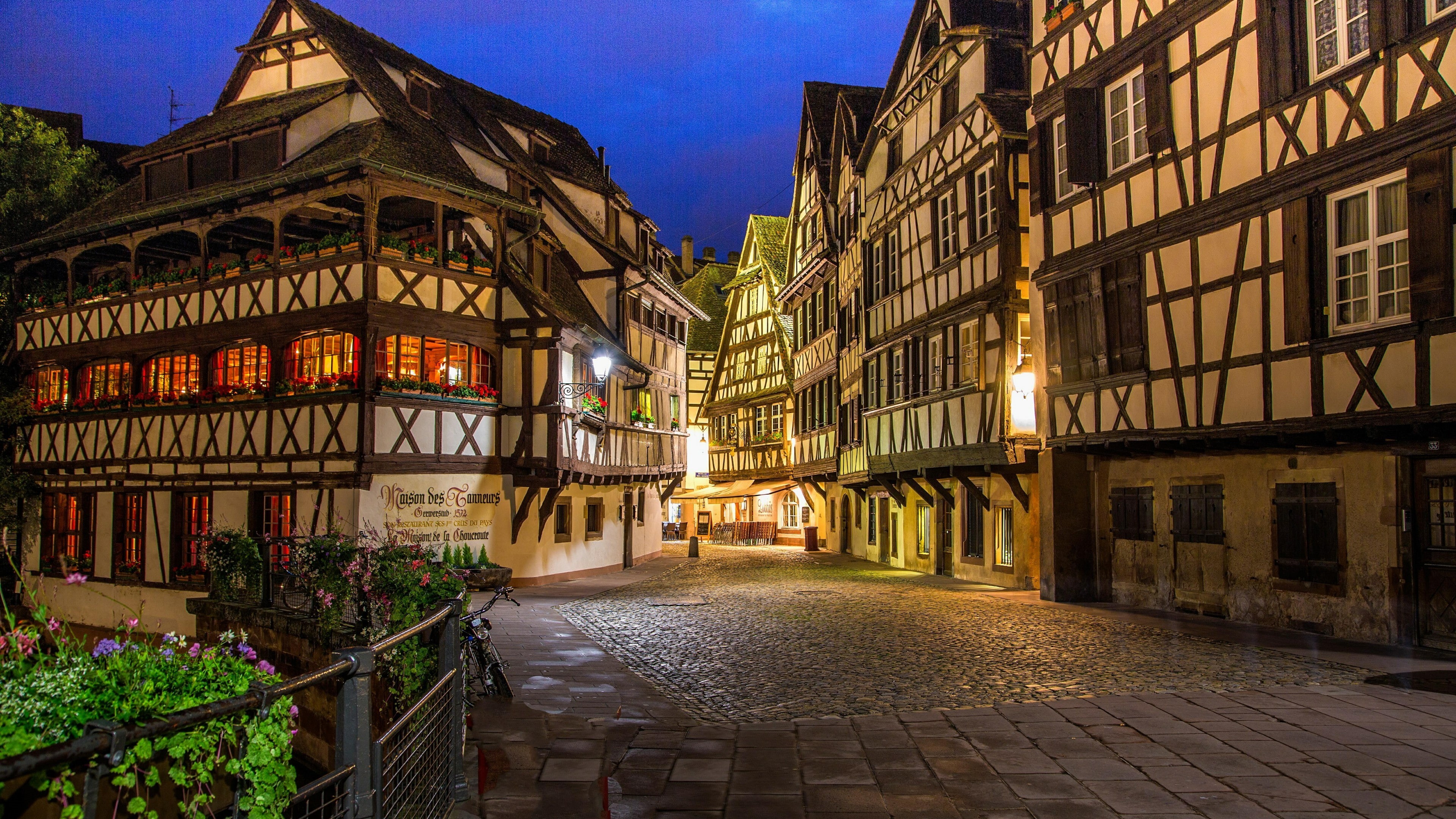sky, timbered house, maison des tanneurs, half-timbered house, cityscape, evening, tanners house, timber house, night, city, europe, restaurant, half timbered house, HD Wallpaper
