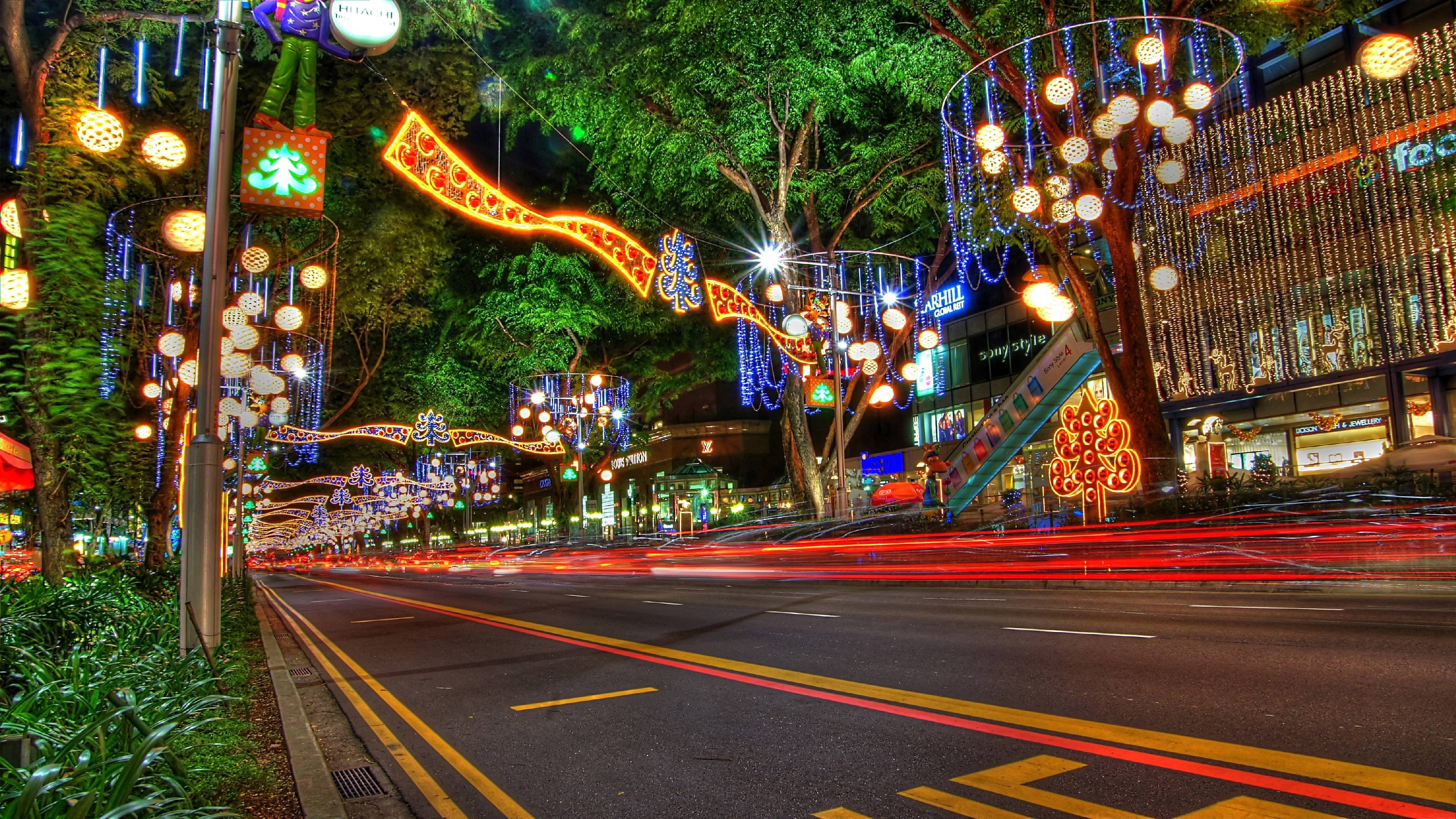 xmas, asia, landmark, tourist attraction, street, road, 4K, night, tree, evening, long exposure photography, singapore, festival, christmas decoration, HD Wallpaper