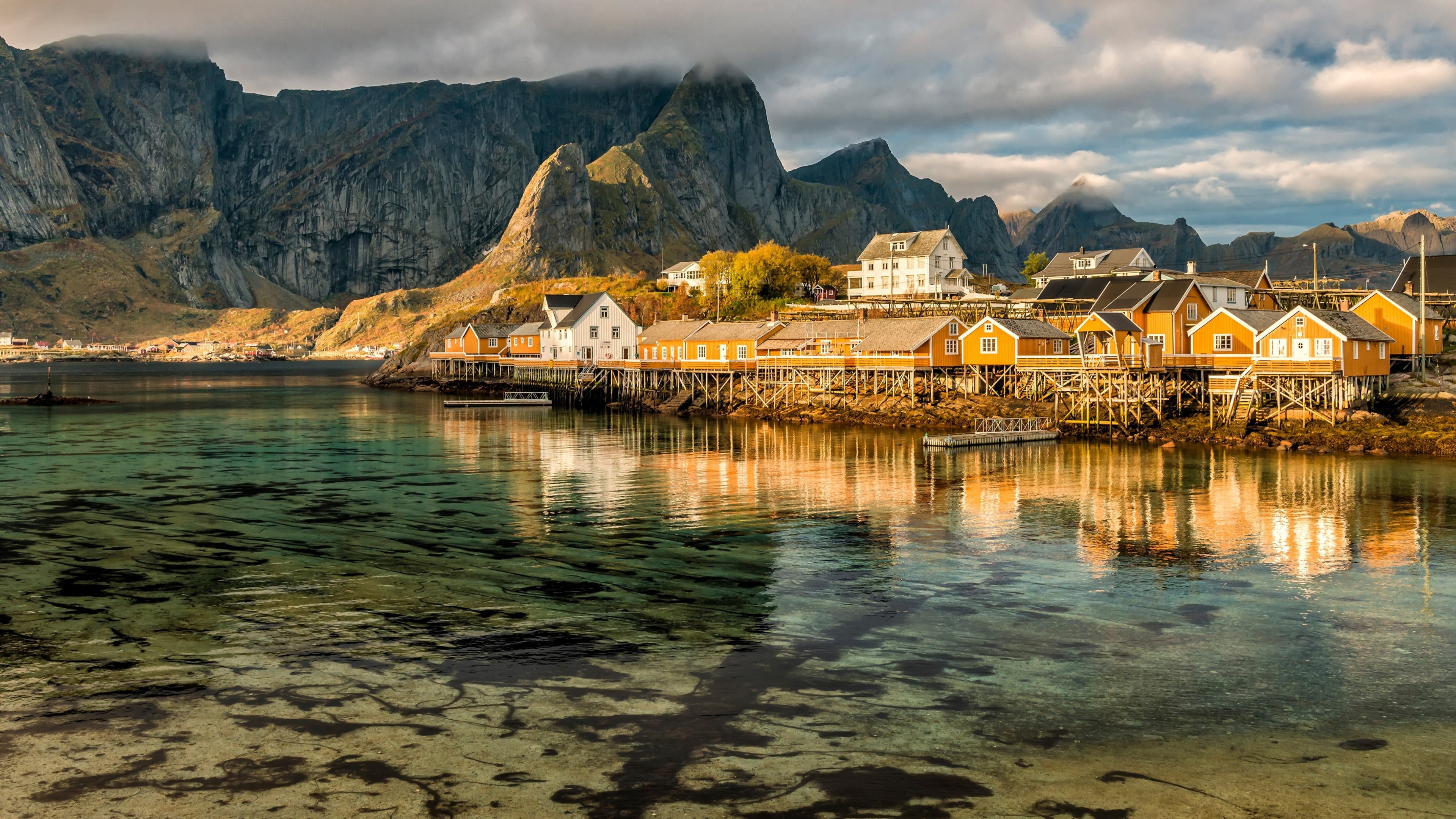sea, village, sakrisoya, water, sakrisoya island, fjord, cloudy, lofoten, 4K, coast, fishing village, mountain, reflection, tourism, sky, tourist attraction, HD Wallpaper
