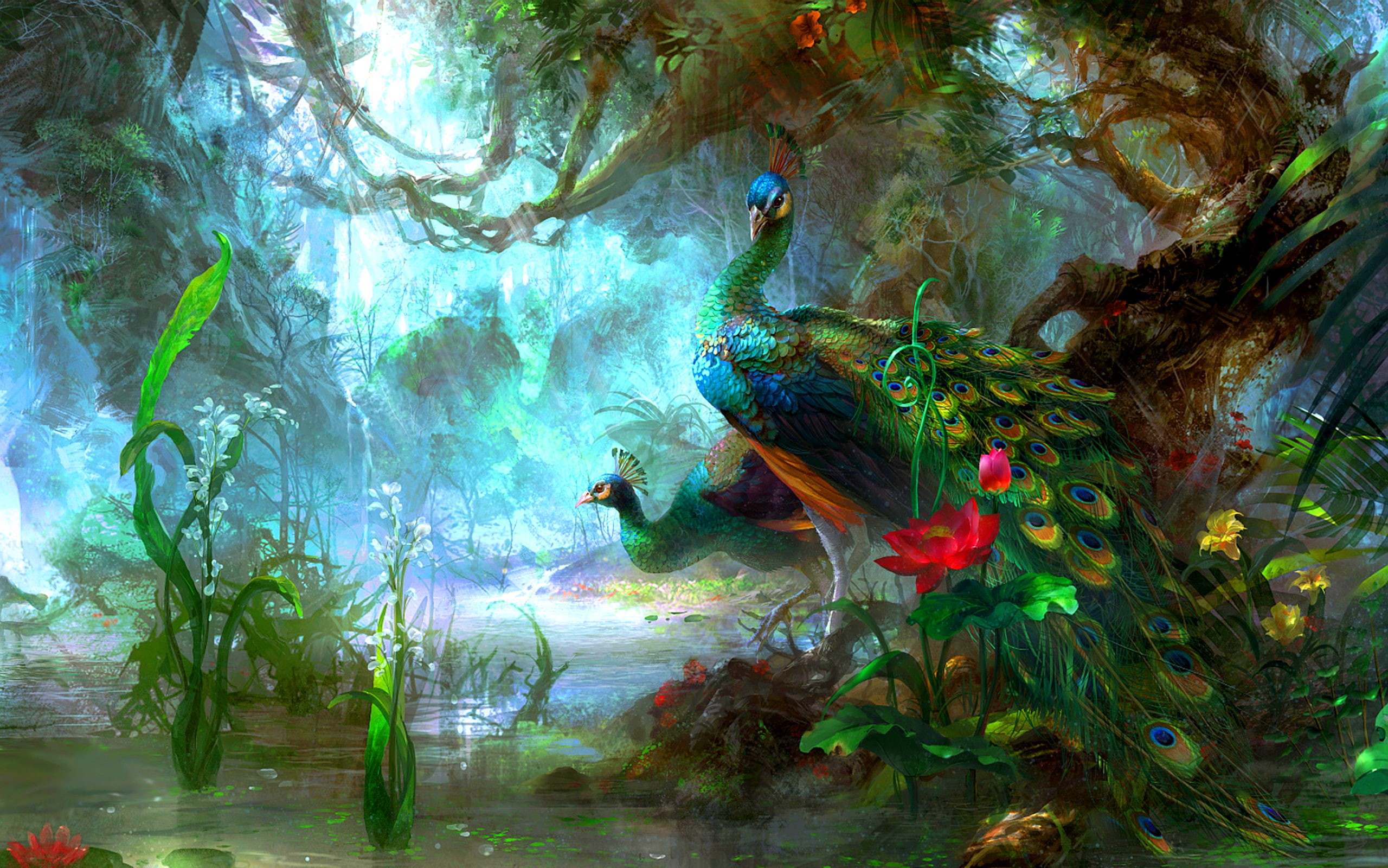 Green, 2K, Peacock, Peafowl, Birds, Forest, Bird, Flower, Colorful, Artistic, Tree, Colors, HD Wallpaper