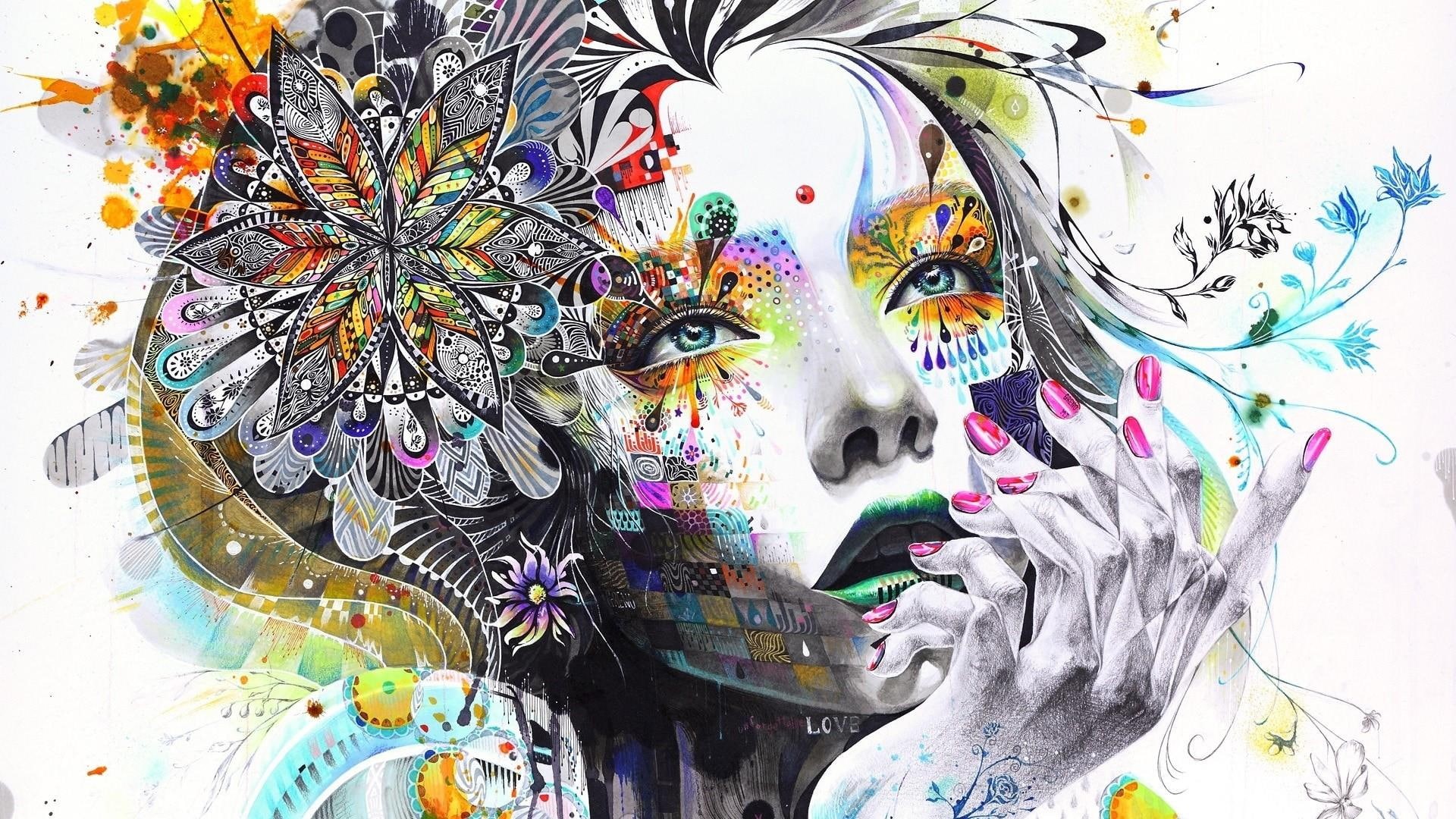 toughtful, hand, 1080P, abstract, colorful, painting, flowers, abstraction, girl, paint, rendering, HD Wallpaper