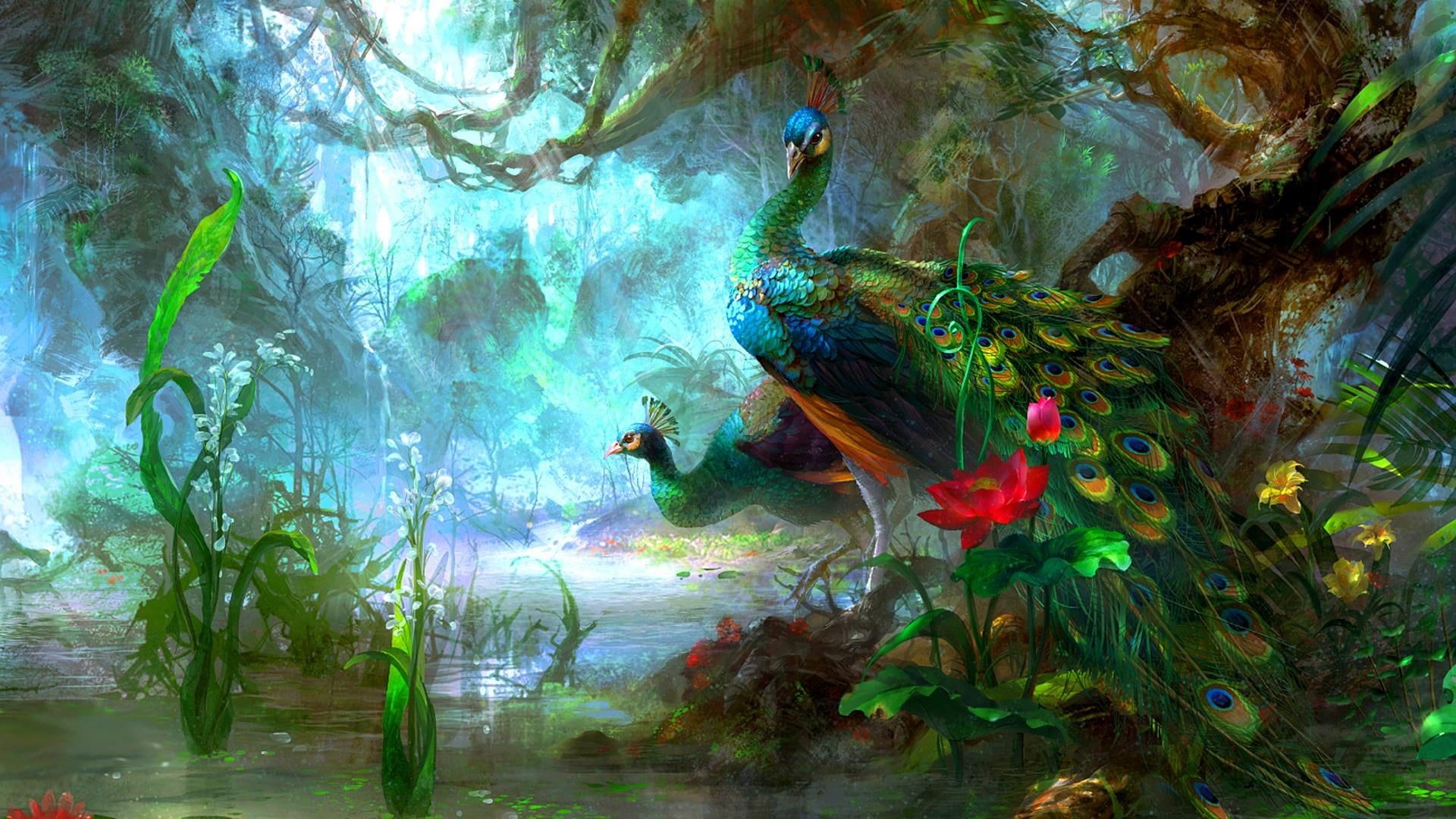 artistic, art, peacock, painting, 1080P, nature, fantasy art, HD Wallpaper