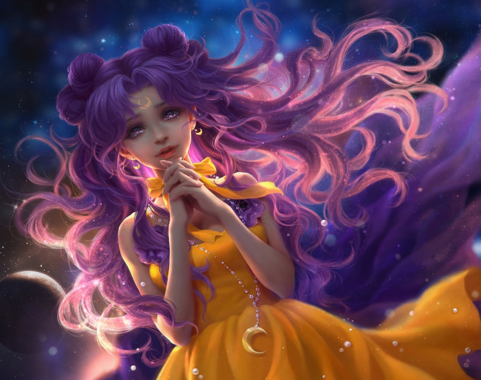 portrait, young adult, indoors, moon, chain, motion, art, Bishoujo Senshi Sailor Moon, a month, beauty, hairstyle, one person, 1080P, purple, HD Wallpaper