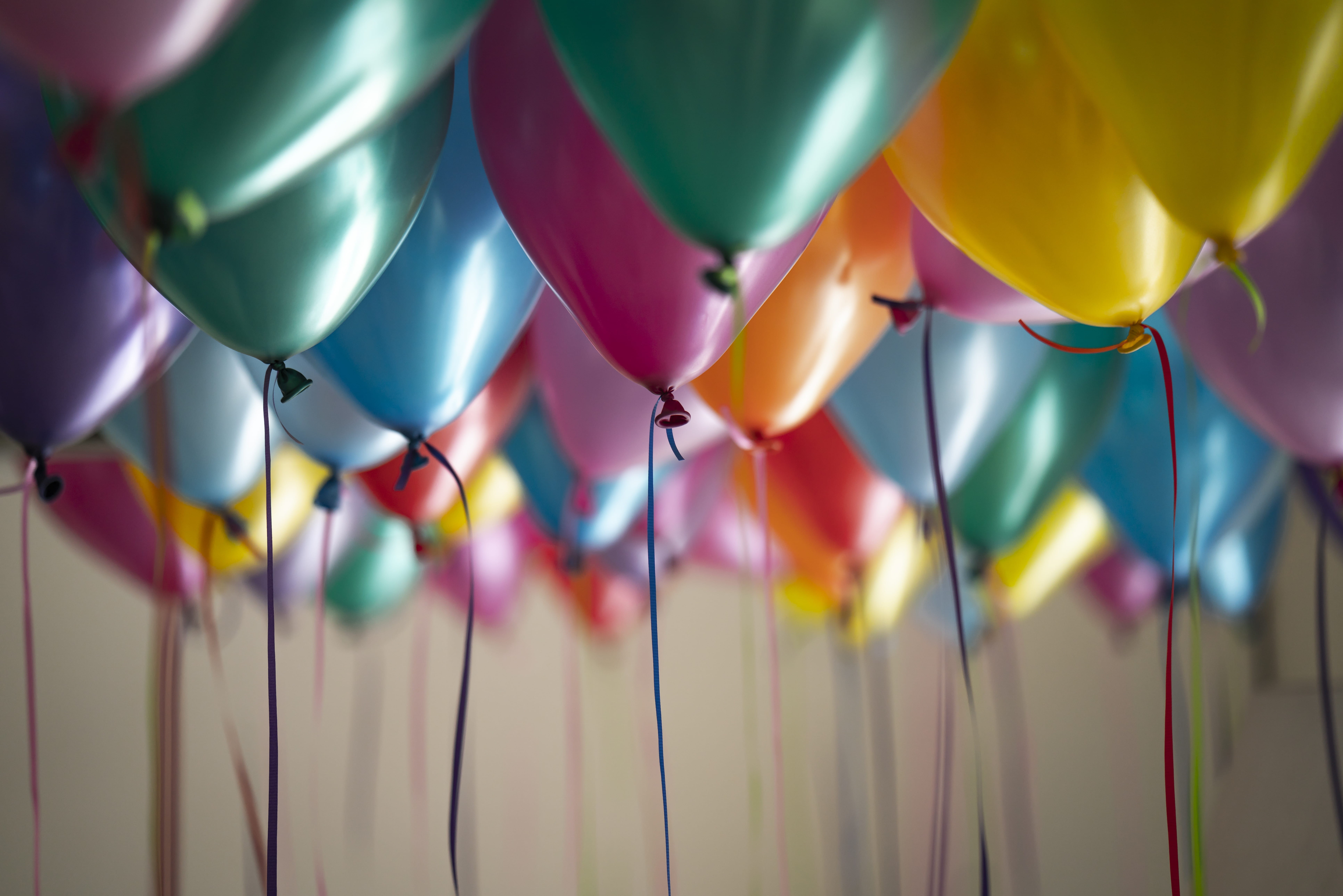 color, helium balloon, closeup, fiesta, ribbon - sewing item, party - social event, close-up, party, decoration, assorted, multi colored, group, macro, HD Wallpaper