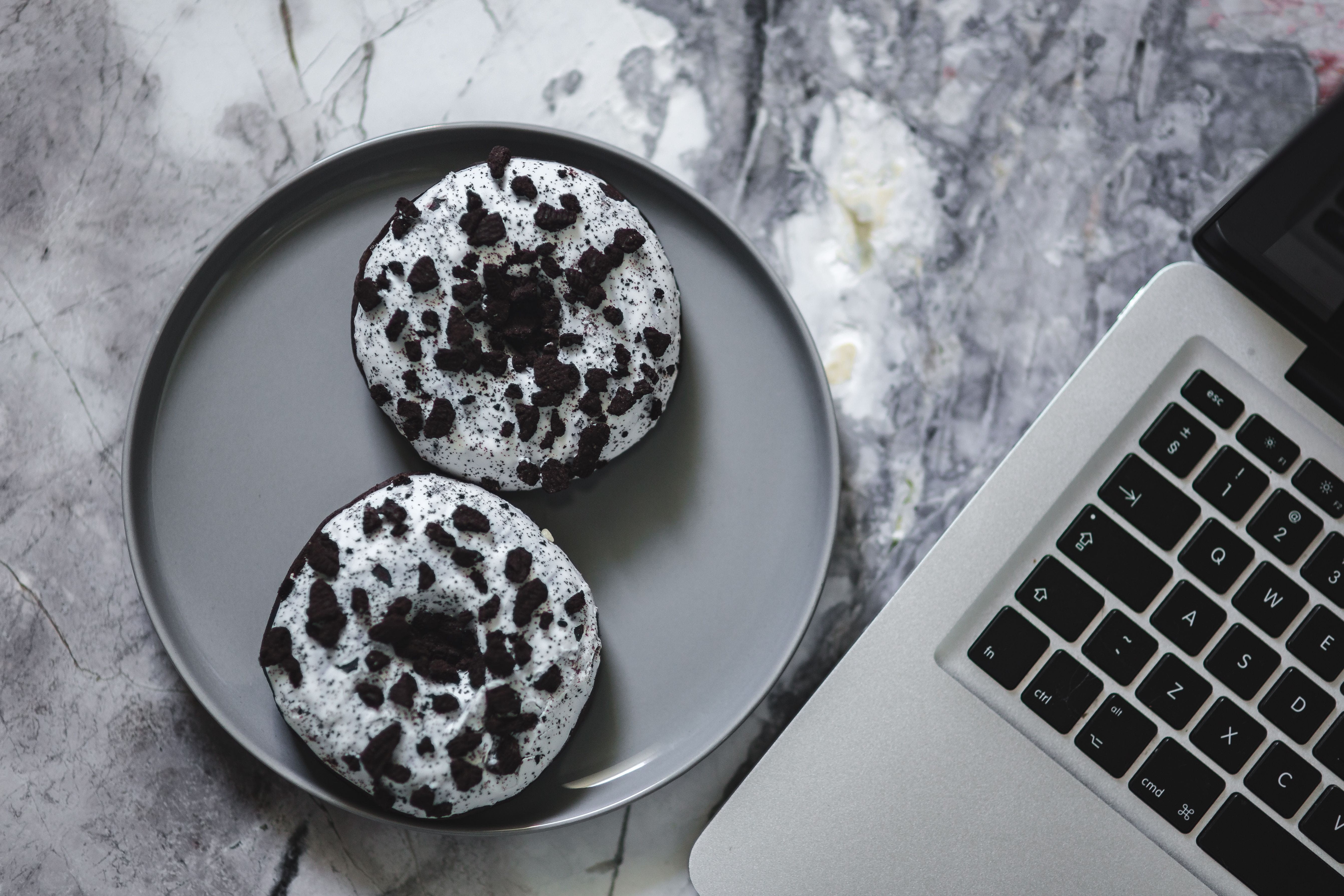 computer equipment, connection, directly above, communication, donuts, freshness, treat, computer keyboard, indoors, 5K, Colorful, computer, tasty, food and drink, HD Wallpaper