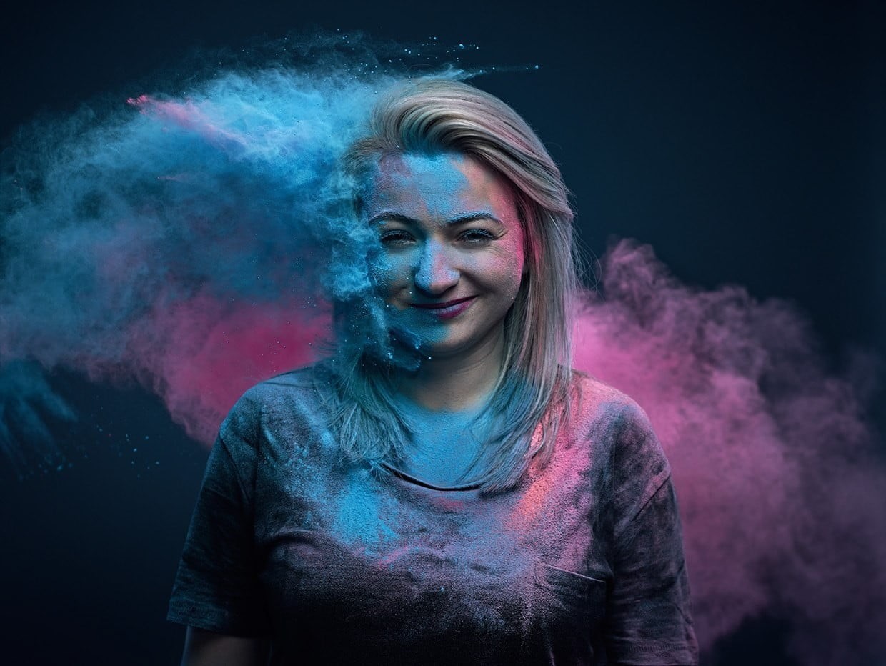 studio shot, dyed hair, activity, hairstyle, smiling, waist up, headshot, portrait, casual clothing, hair, black background, one person, dust, colorful, HD Wallpaper