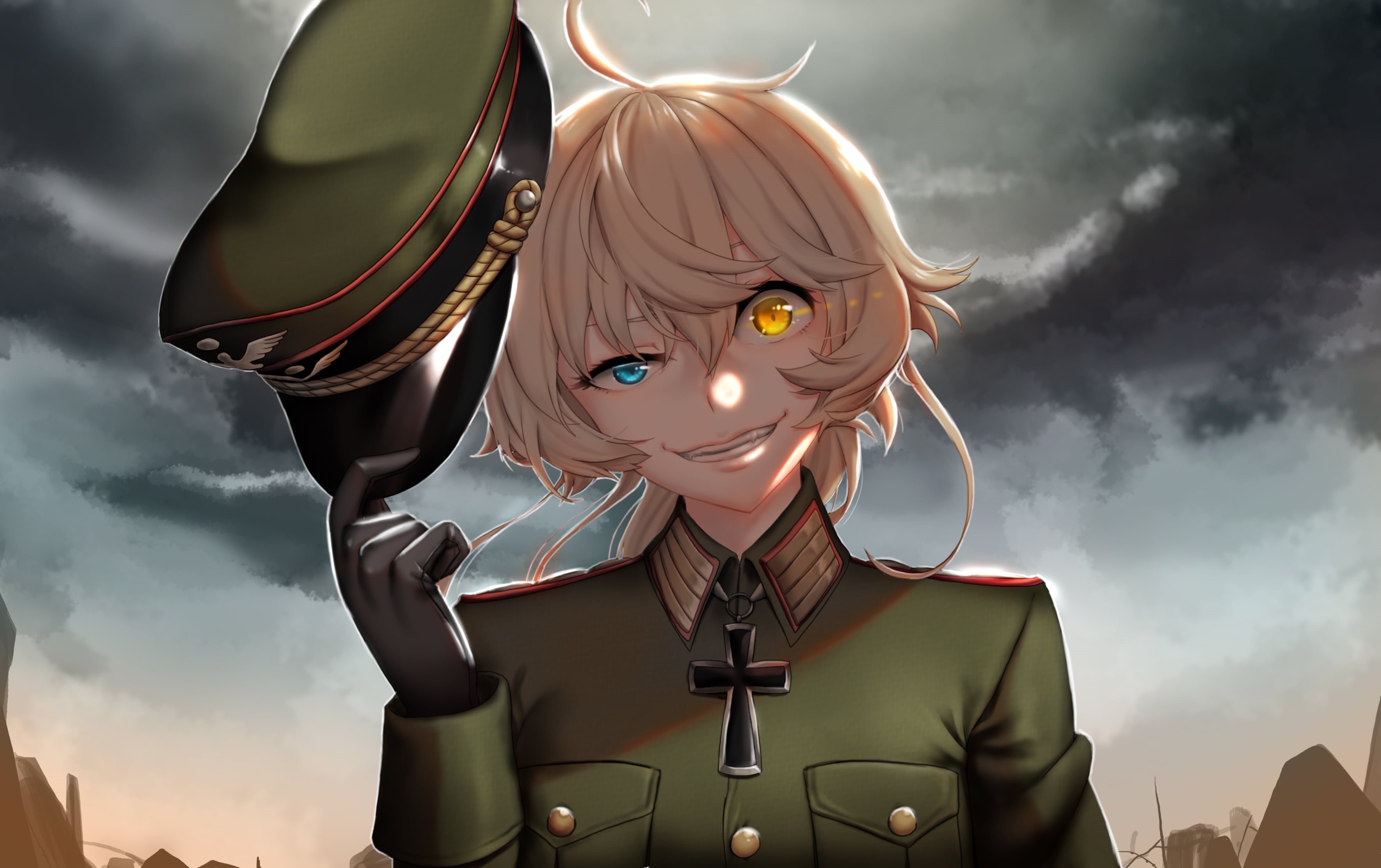 sculpture, cloud - sky, uniform, heterochromia, representation, hat, Youjo Senki, Tanya Degurechaff, green, white, one person, standing, outdoors, male likeness, HD Wallpaper