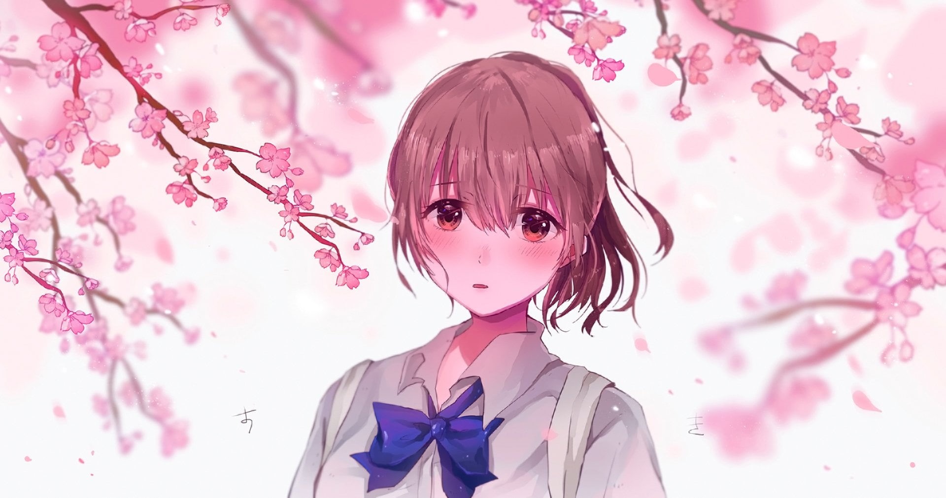 Anime, headshot, springtime, indoors, Koe No Katachi, hair, tree, pink color, 1080P, hairstyle, childhood, digital composite, studio shot, front view, HD Wallpaper