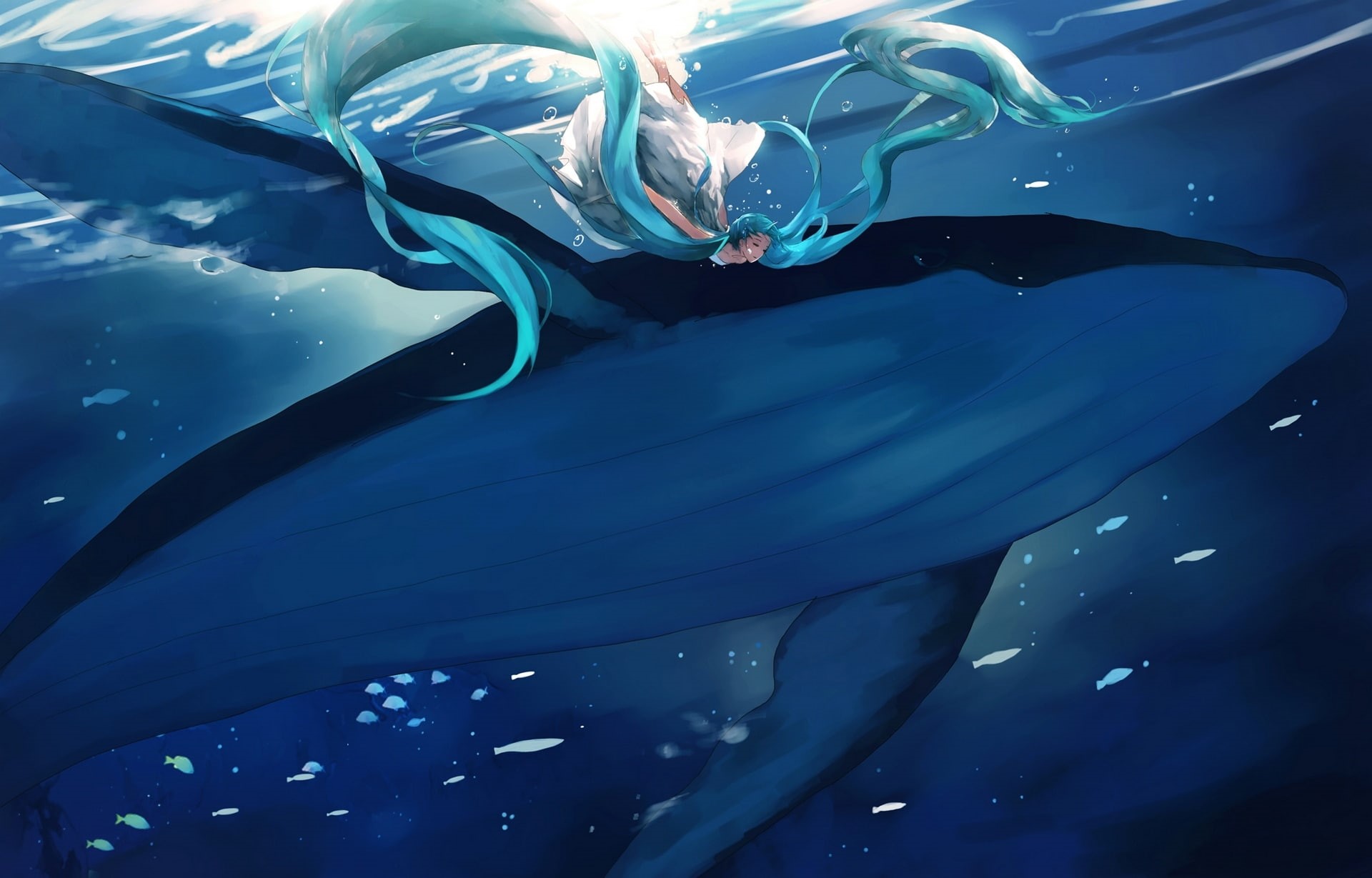 kit, art, vocaloid, under water, anime, illustration, girl, whale, hatsune miku, black, 1080P, yong kit lam, HD Wallpaper
