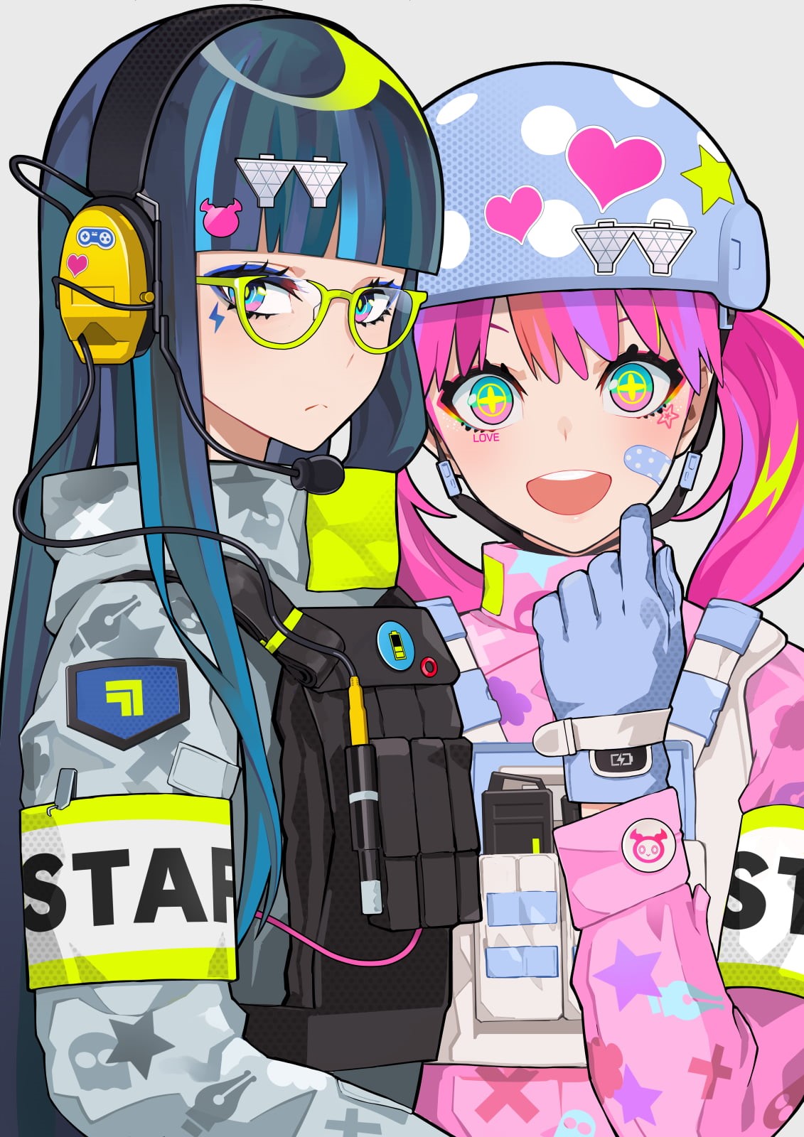 soldier, digital art, smiling, gloves, original characters, helmet, colorful, artwork, anime girls, headphones, dark hair, bulletproof vest, 720P, simple background, Phone HD Wallpaper