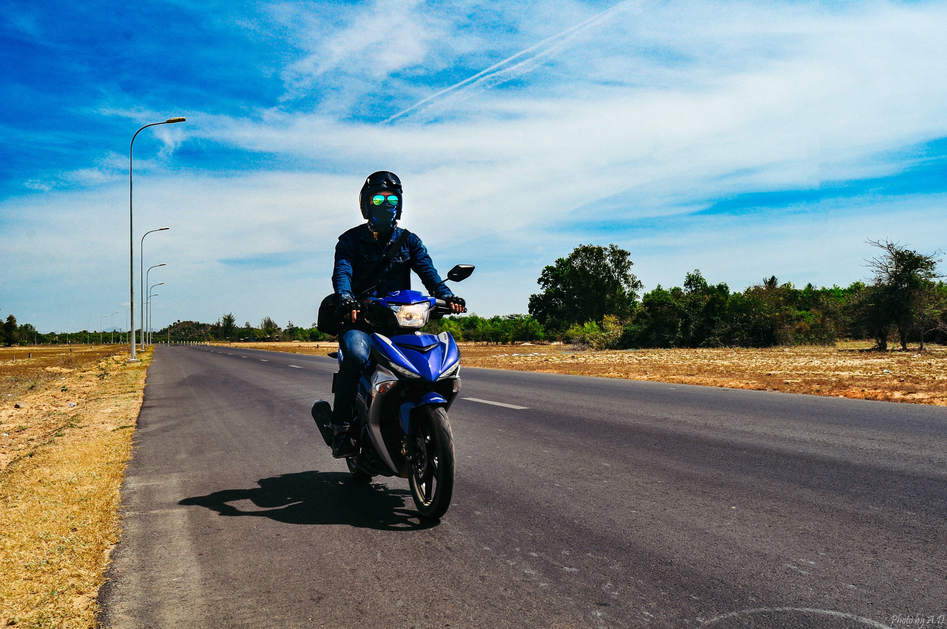 street, headwear, dalat, travel, ride, clouds, cloud - sky, mode of transportation, speed, outdoors, sun, biker, road, lam dong province, motion, sports helmet, HD Wallpaper