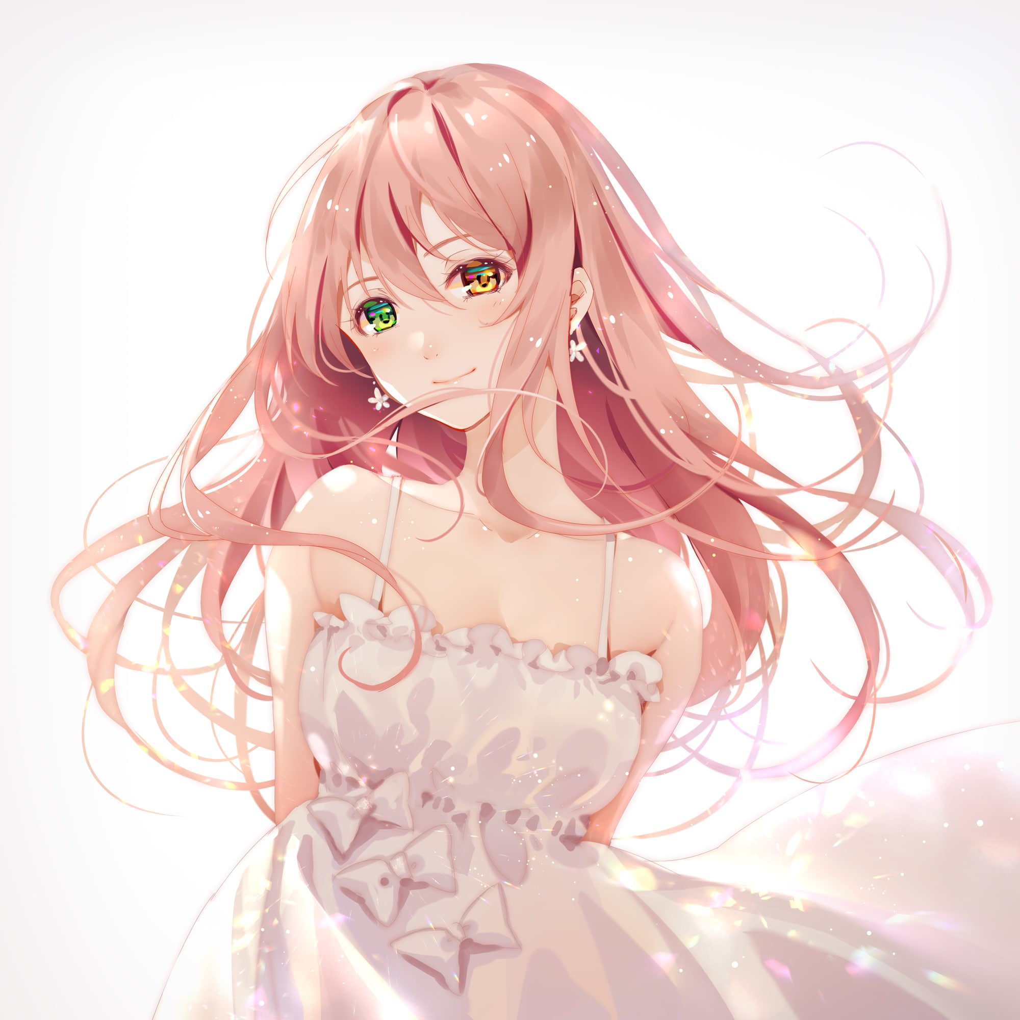 white background, white dress, dress, Niya, drawing, earring, smiling, Tidsean, long hair, 2D, pink hair, heterochromia, artwork, portrait, original characters, Phone HD Wallpaper