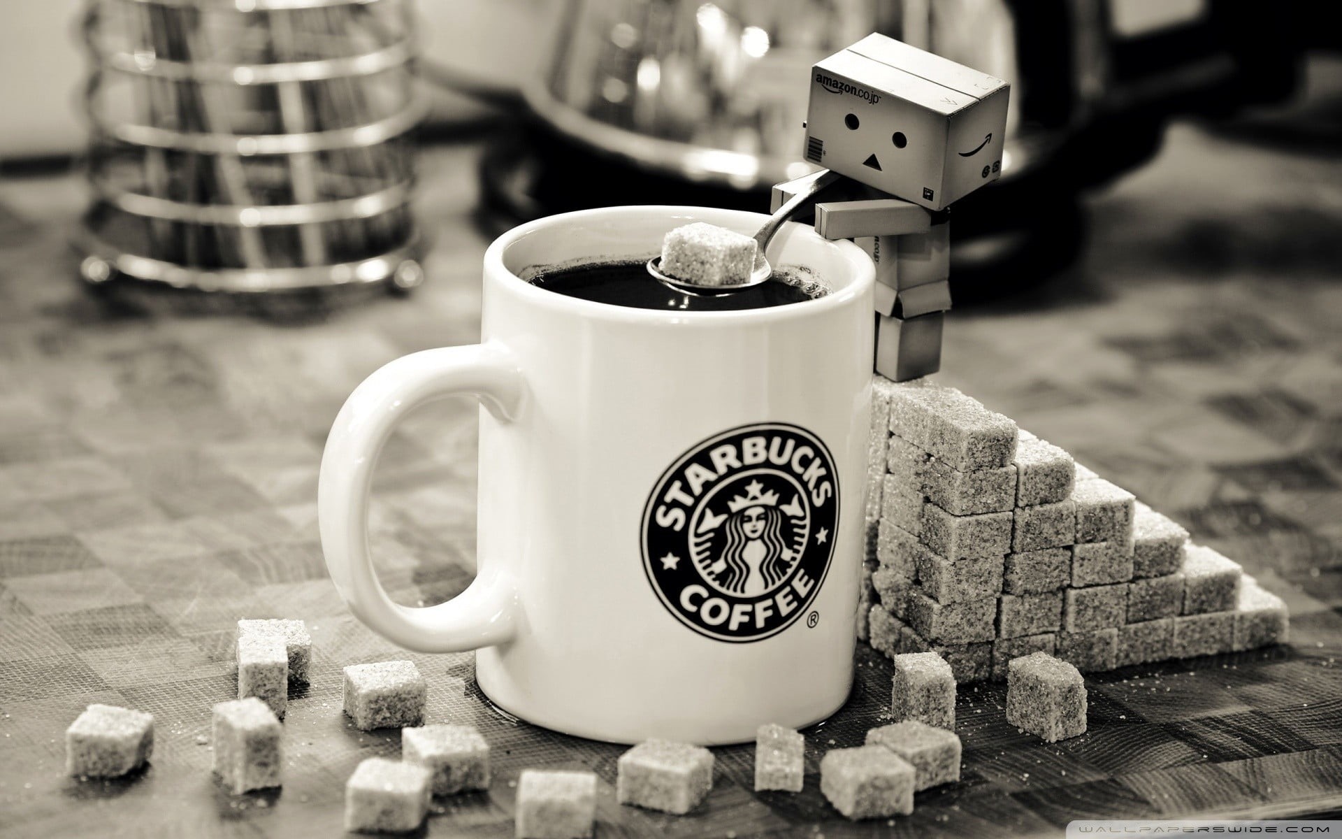 close-up, starbucks, coffee cup, Danbo, coffee, freshness, sugar, drink, table, day, still life, tea, coffee pot, cup, 1080P, food and drink, refreshment, HD Wallpaper