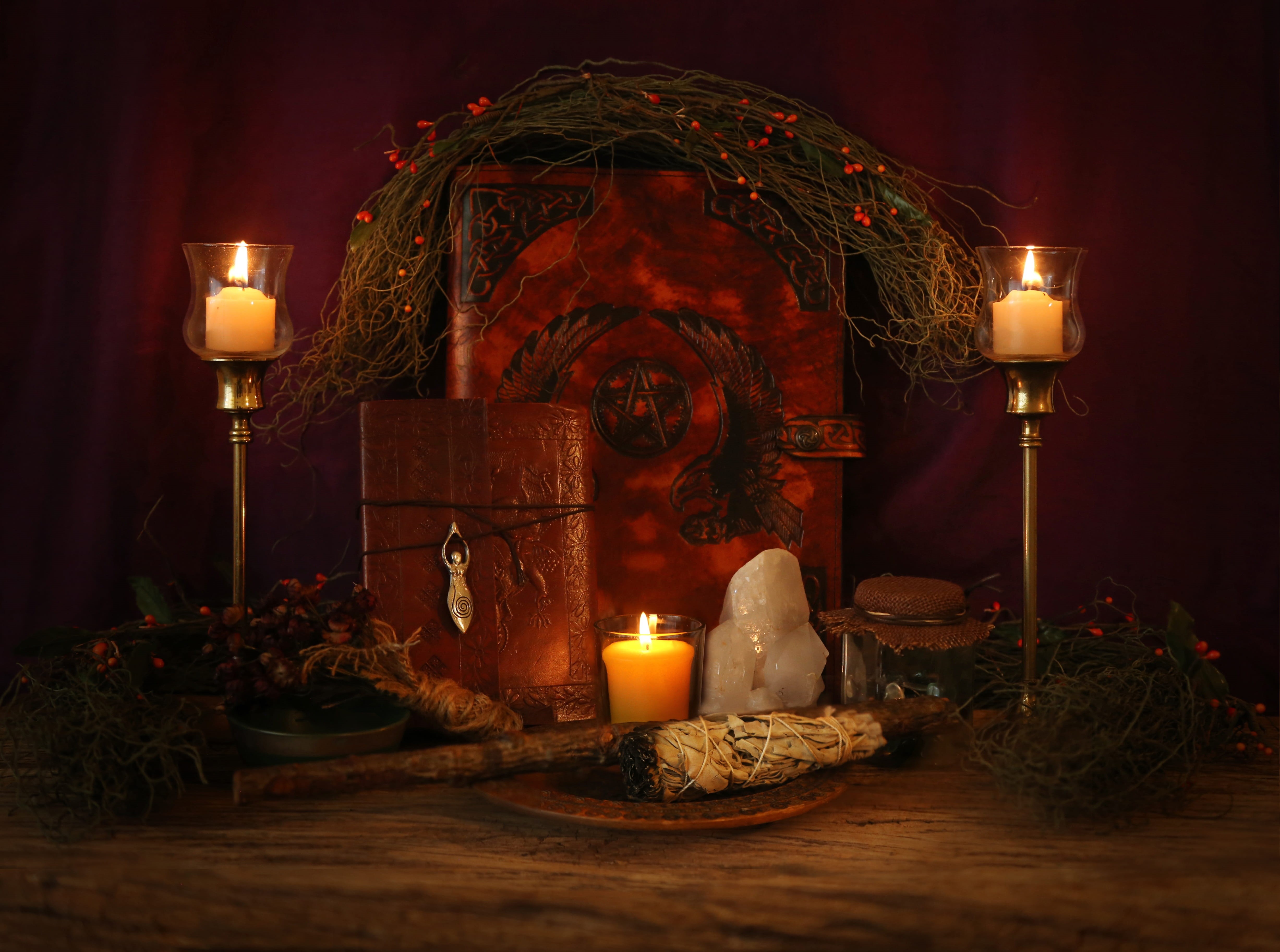 magic, decoration, tea light, altar, candlestick holder, nature, burning, lighting equipment, indoors, ritual, spirituality, glowing, religion, christmas decoration, HD Wallpaper
