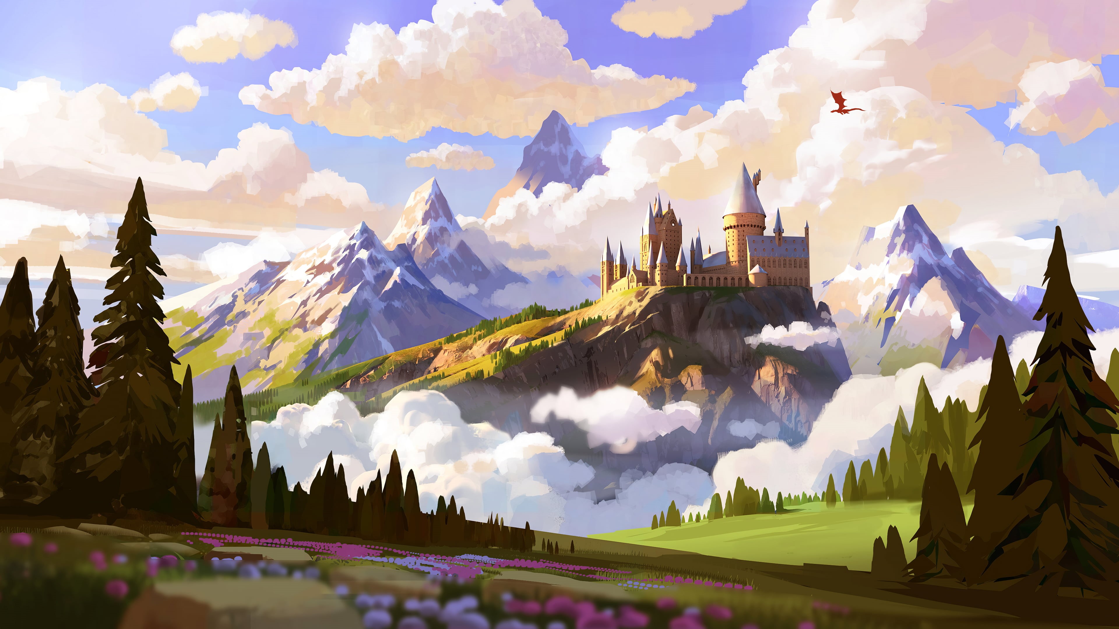 4K, Harry Potter, digital art, trees, clouds, Hogwarts, mountains, HD Wallpaper